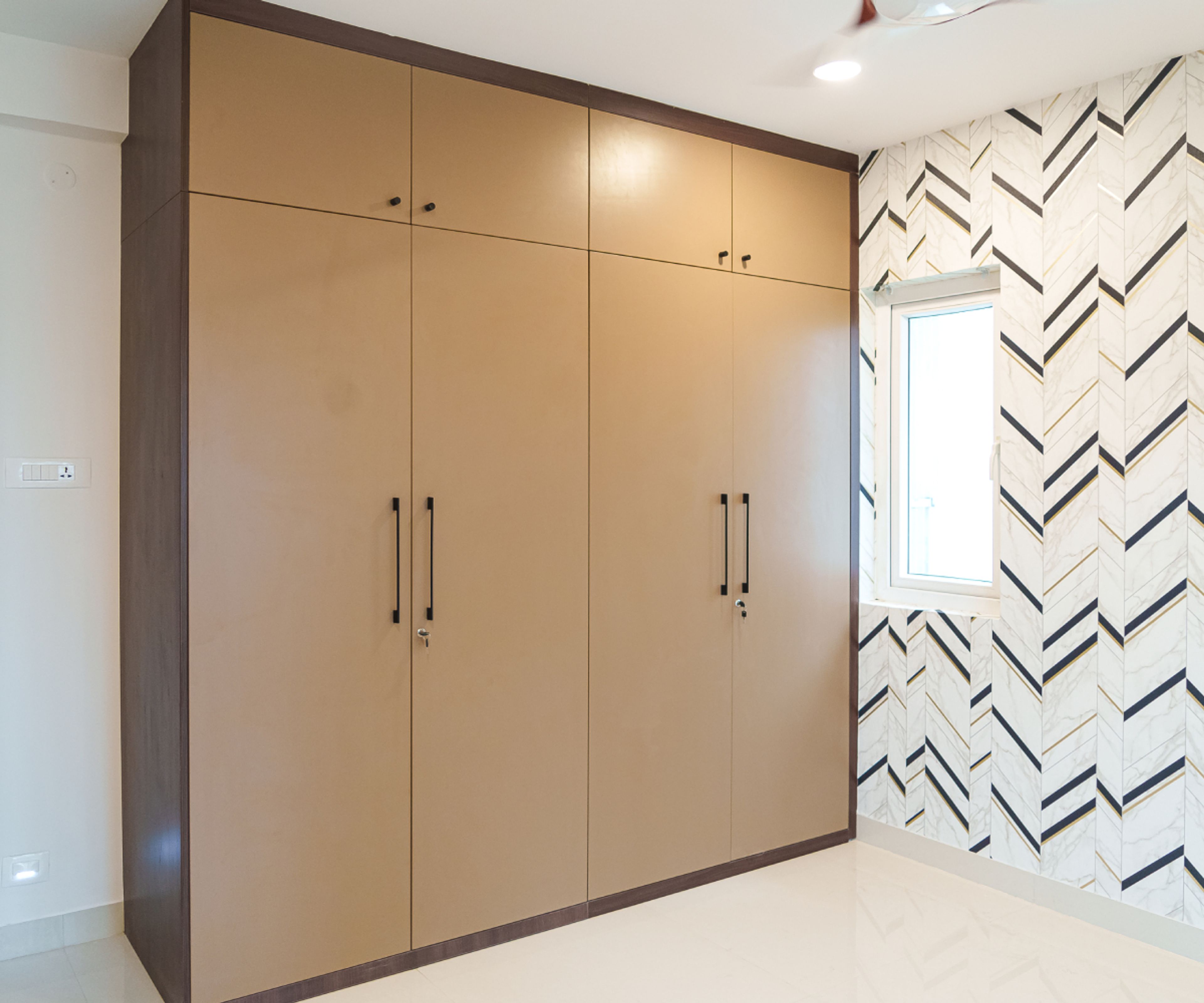 4-Door Light Brown Swing Wardrobe Design with Loft Unit