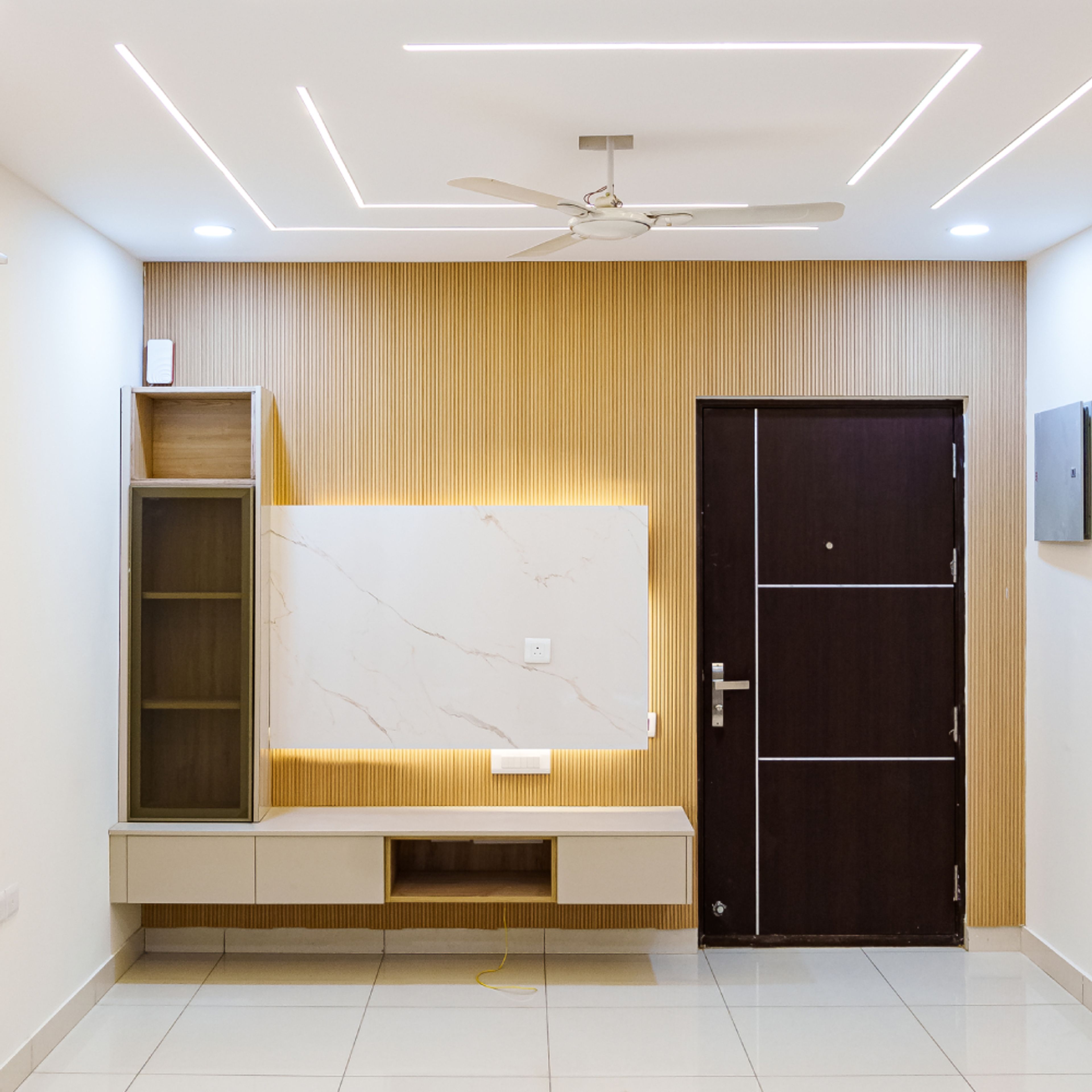 TV Unit Design with Wooden Slats Panels and Wall-Mounted Tall Unit