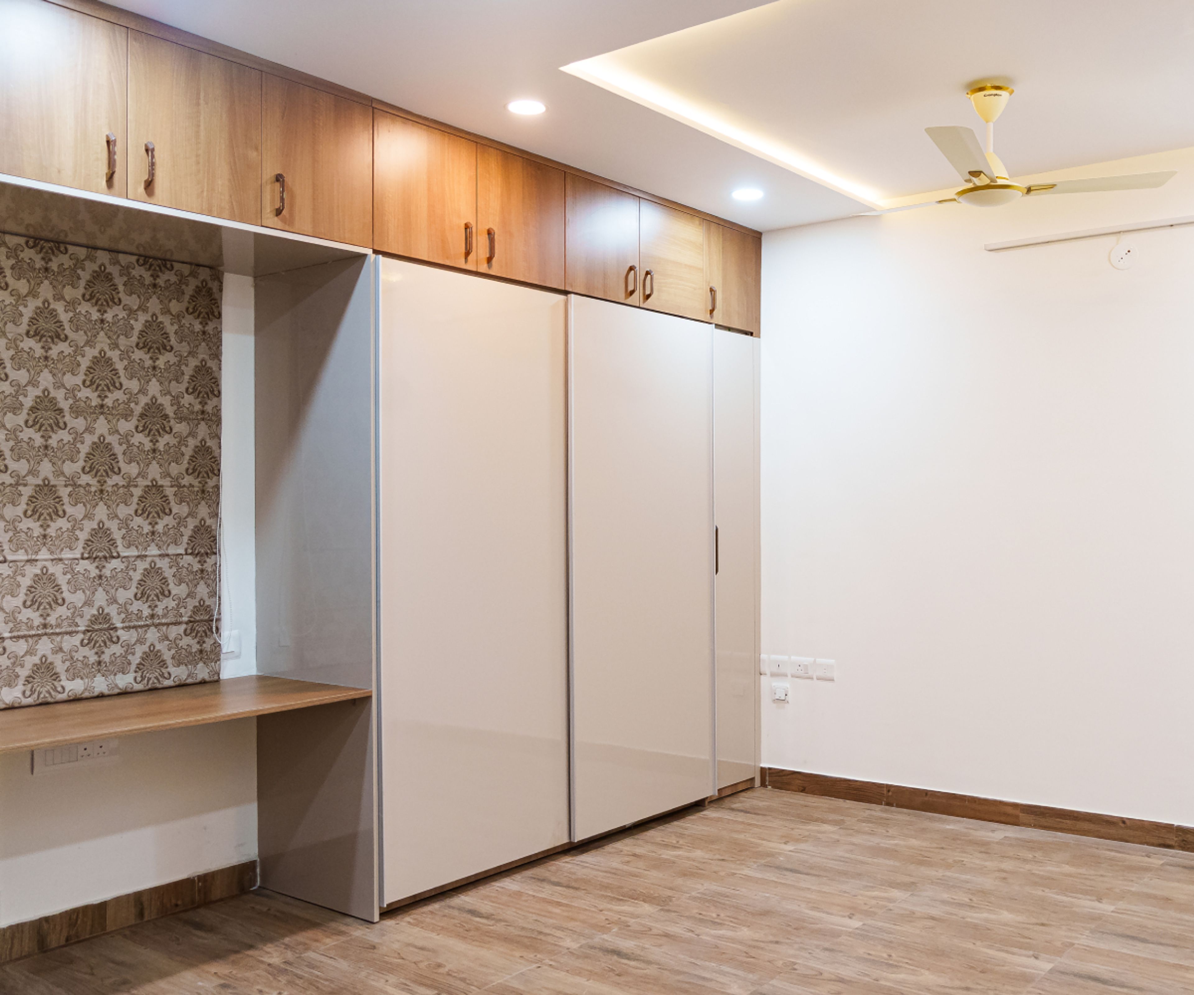 Beige 2-Door Sliding Wardrobe with 1-Door Swing Wardrobe with Wooden Study