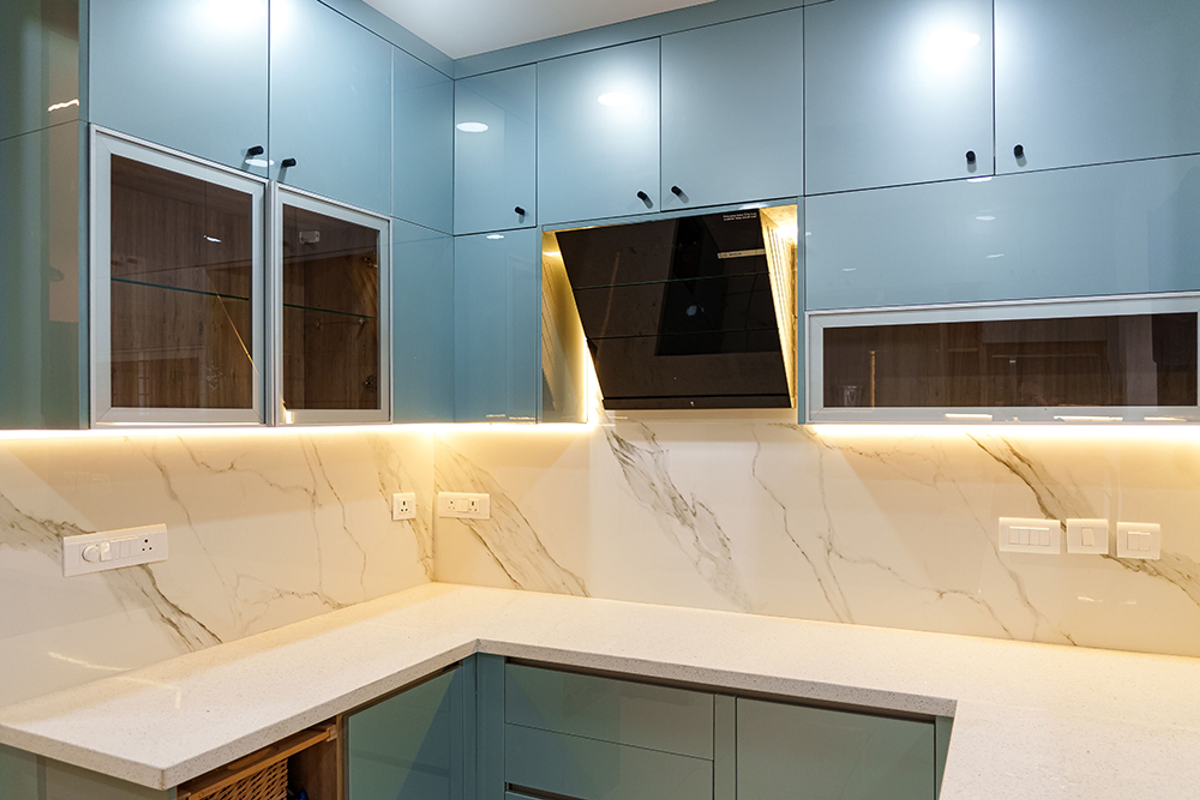 Bright Aqua Green U-Shaped Kitchen Design With Quartz Countertops
