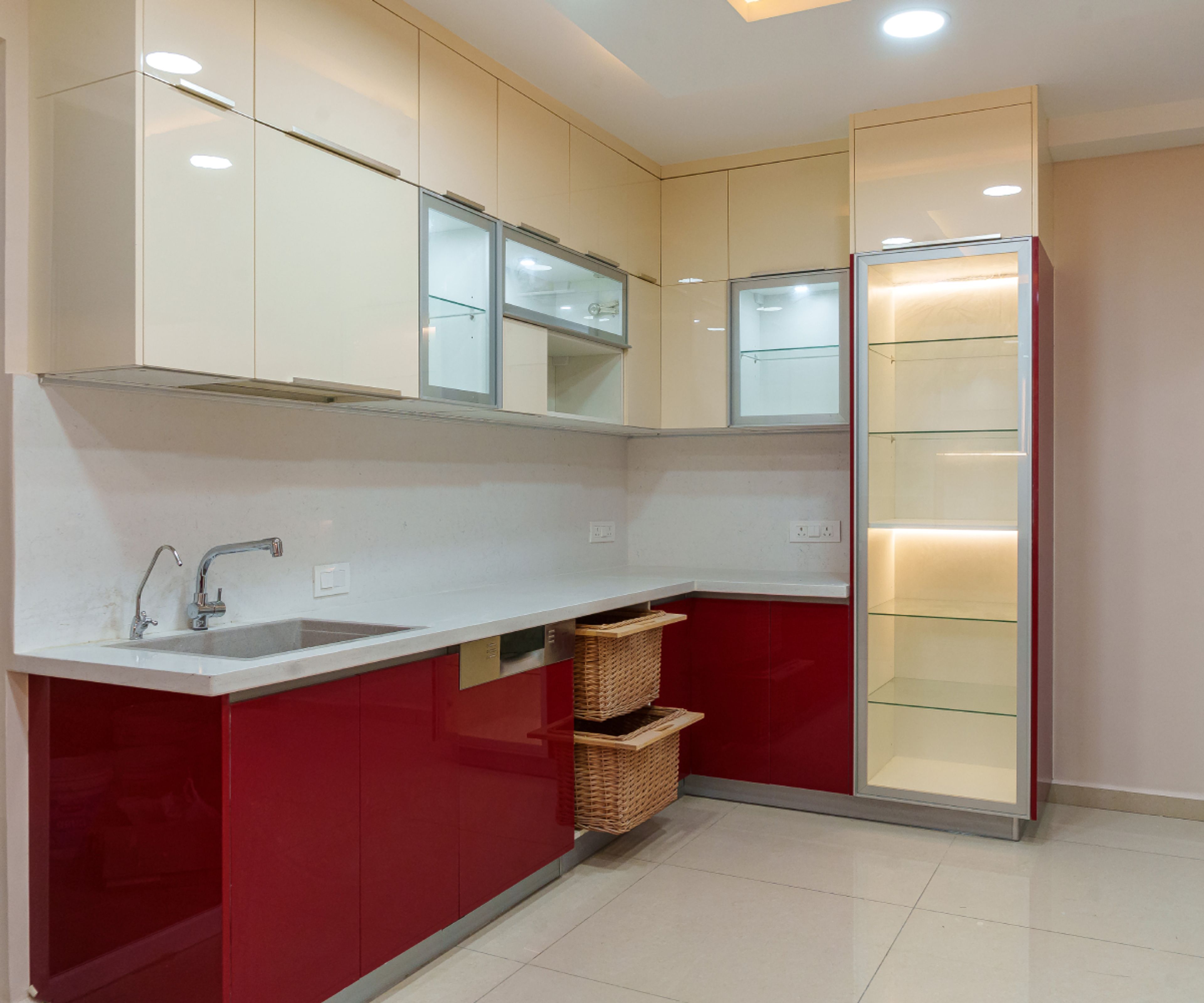 L-Shaped Kitchen Design With Glossy Red and White Cabinets