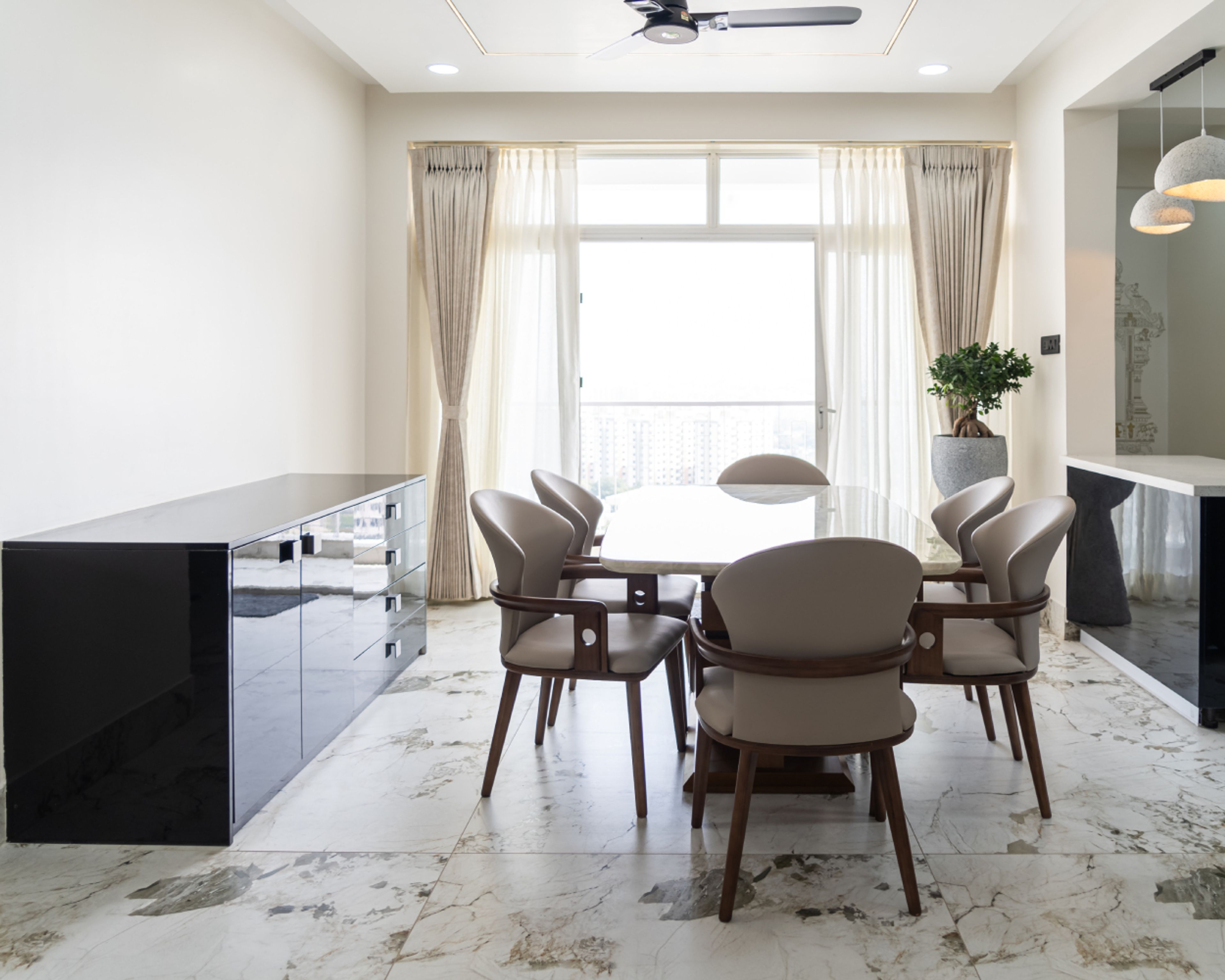 6-Seater Dining Room Design with Storage Unit with Cabinets and Drawers