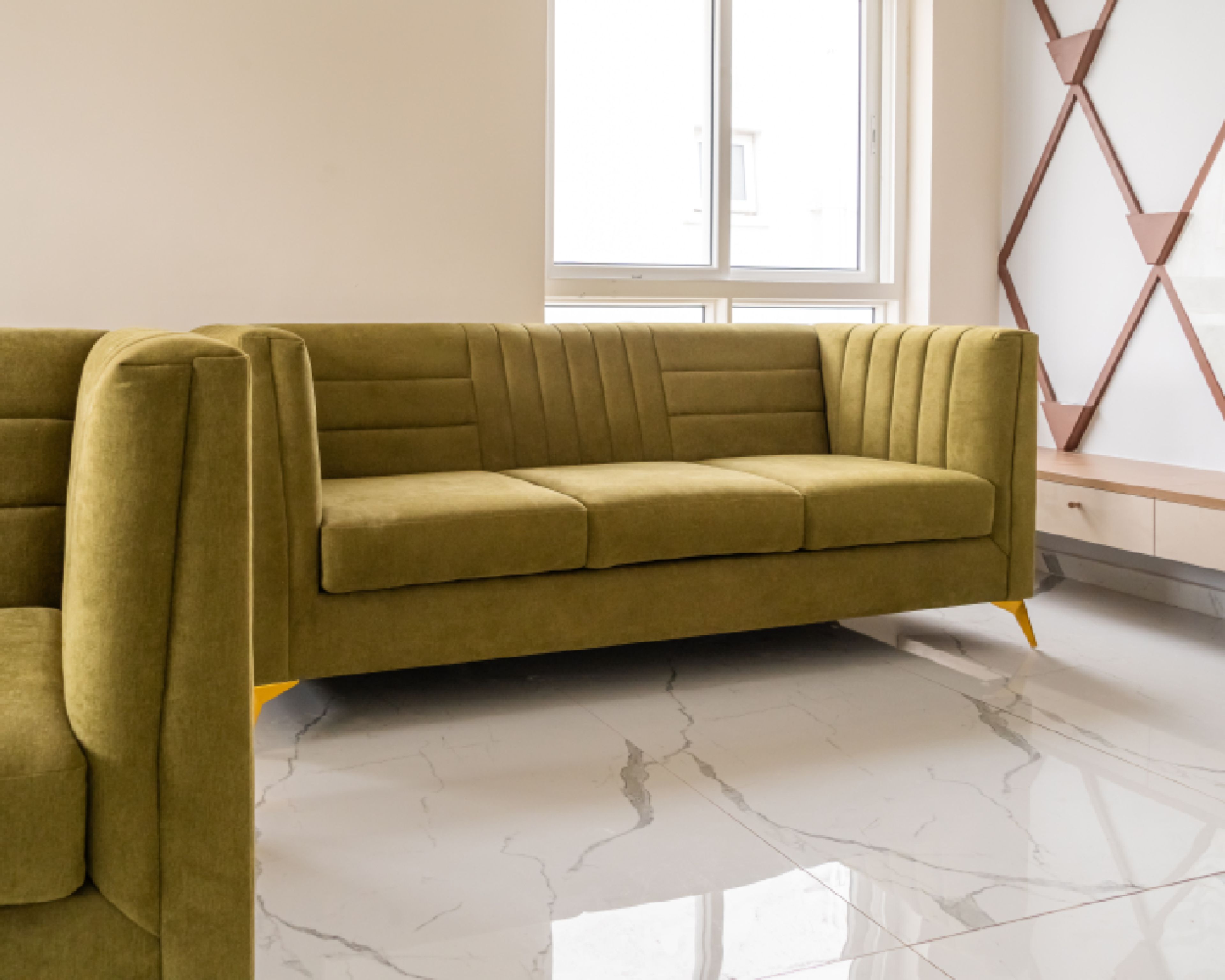 Living Room Design with 3-Seater Green Sofas