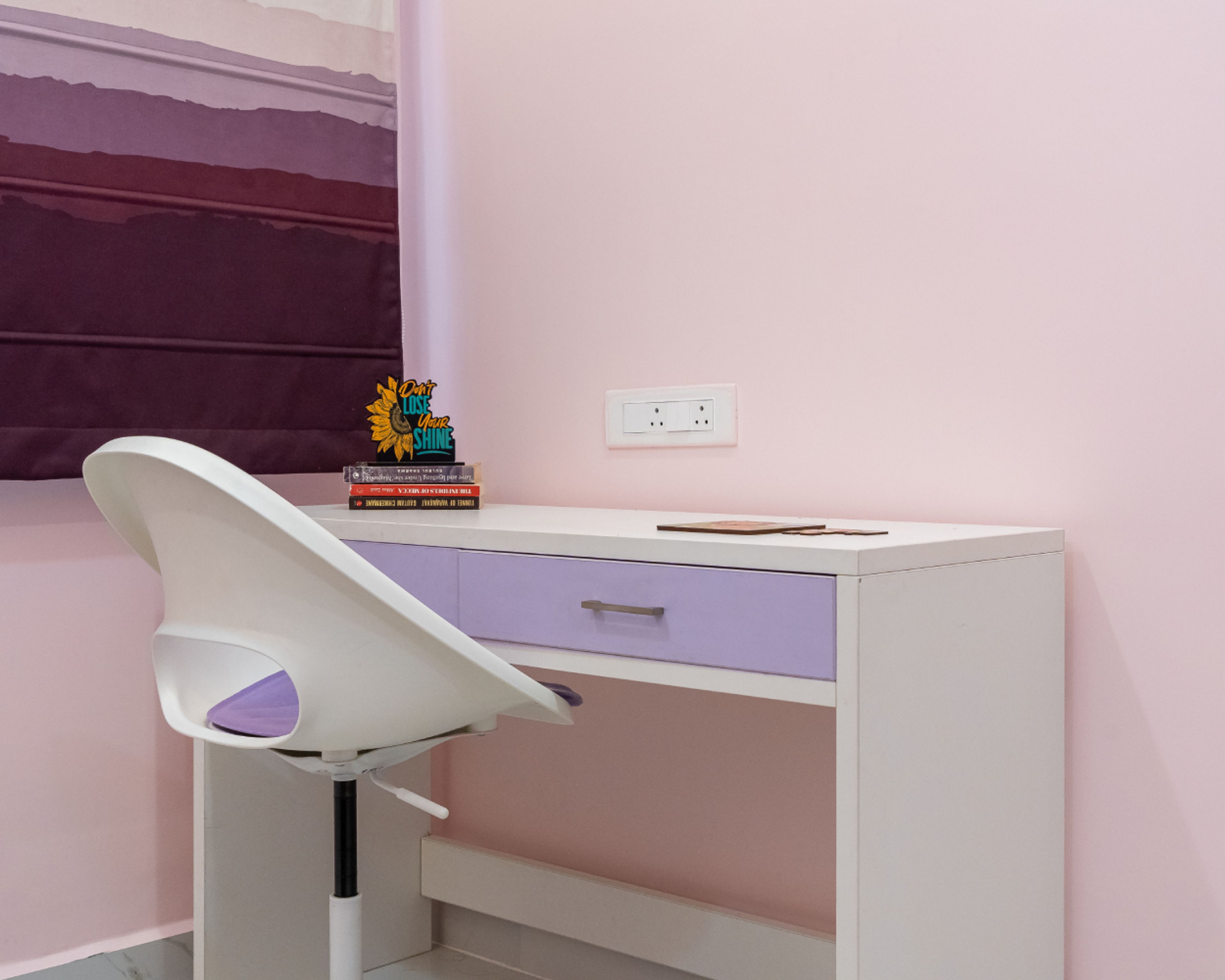 White and Lavender Study Unit Design with White Chair