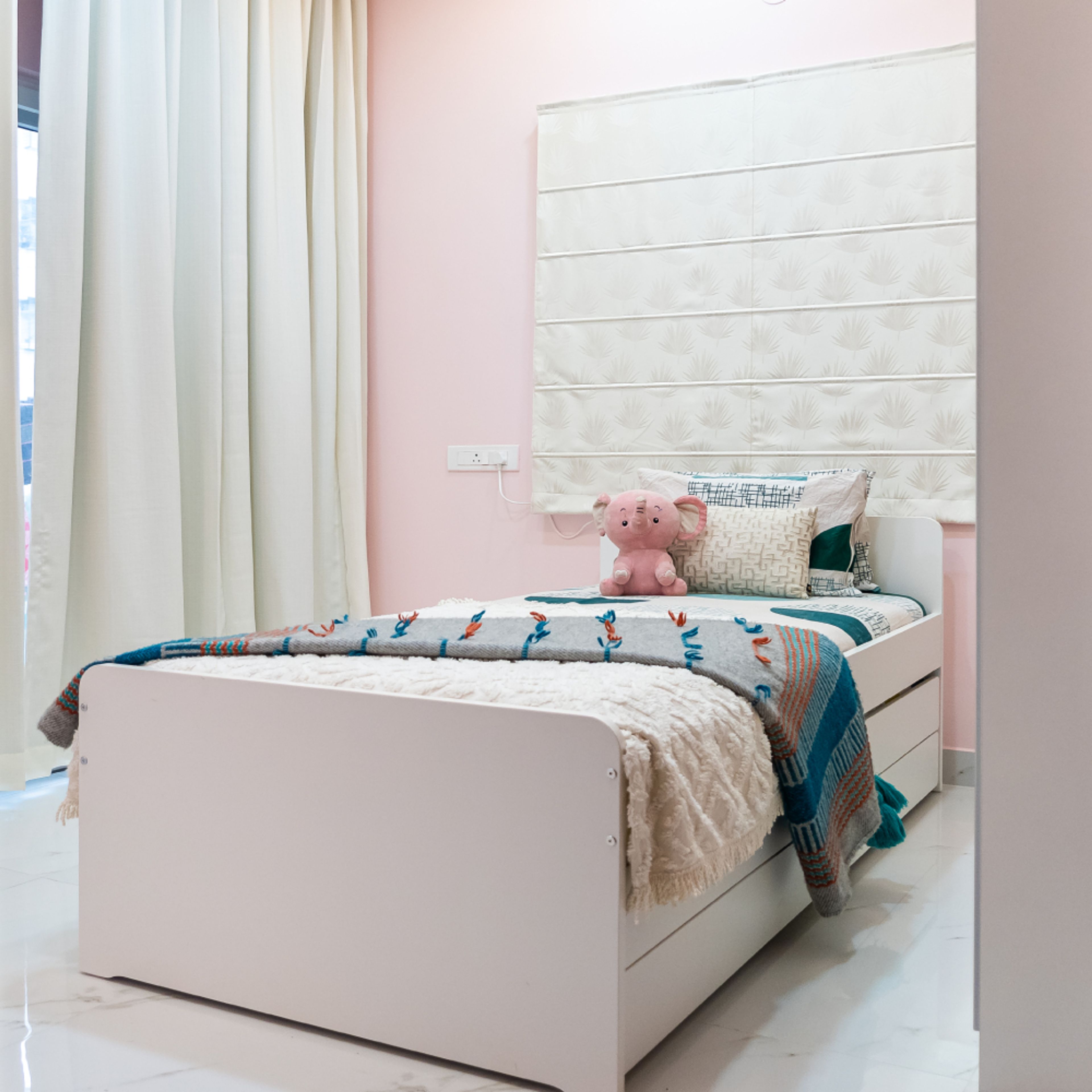 Kids Bedroom Design with Storage Bed and Pink Walls