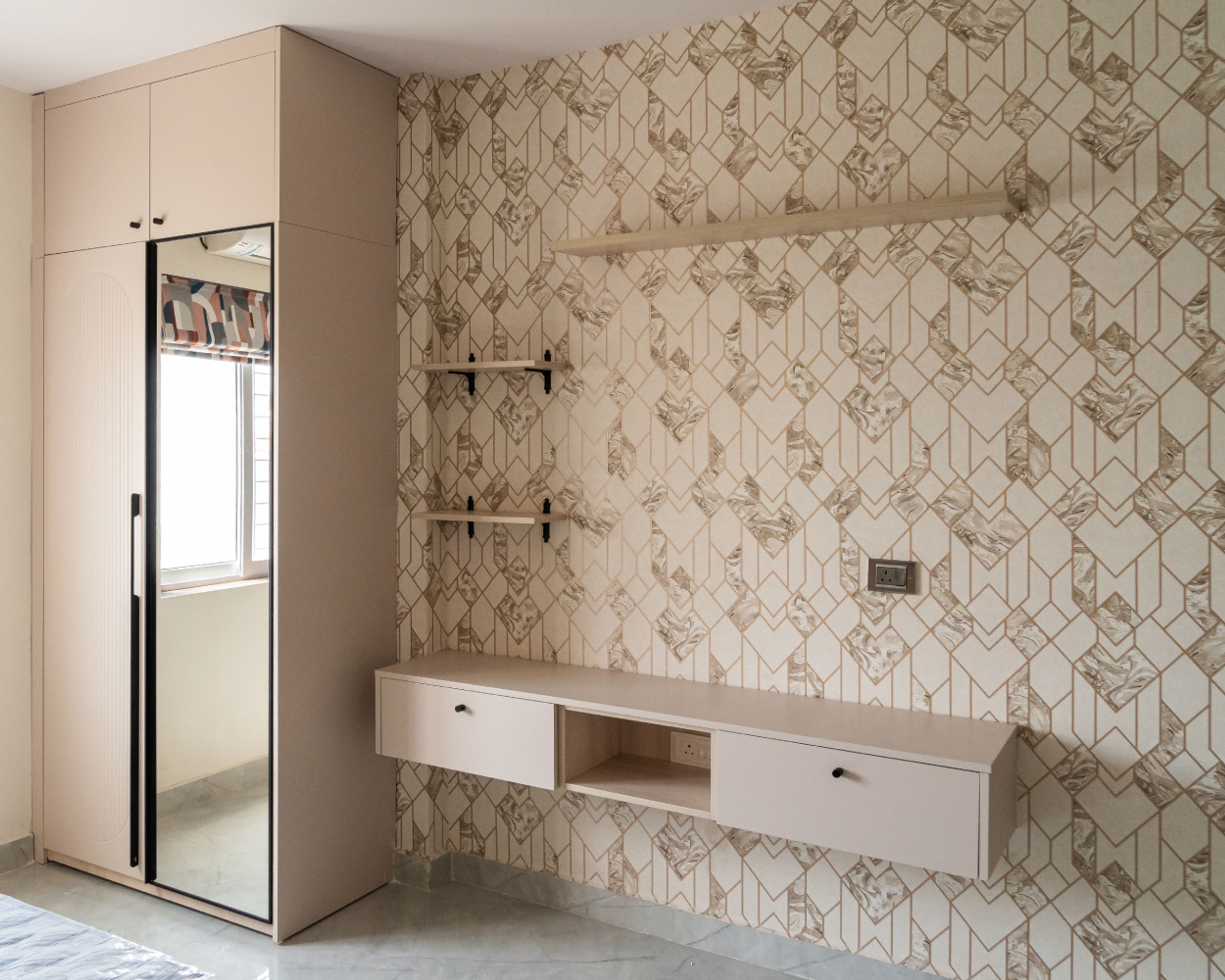 TV Unit Design with Wall Mounted Beige Open and Closed Shelves, Geometric Pattern Wallpaper, and 2-Door Swing Wardrobe with Integrated Mirror
