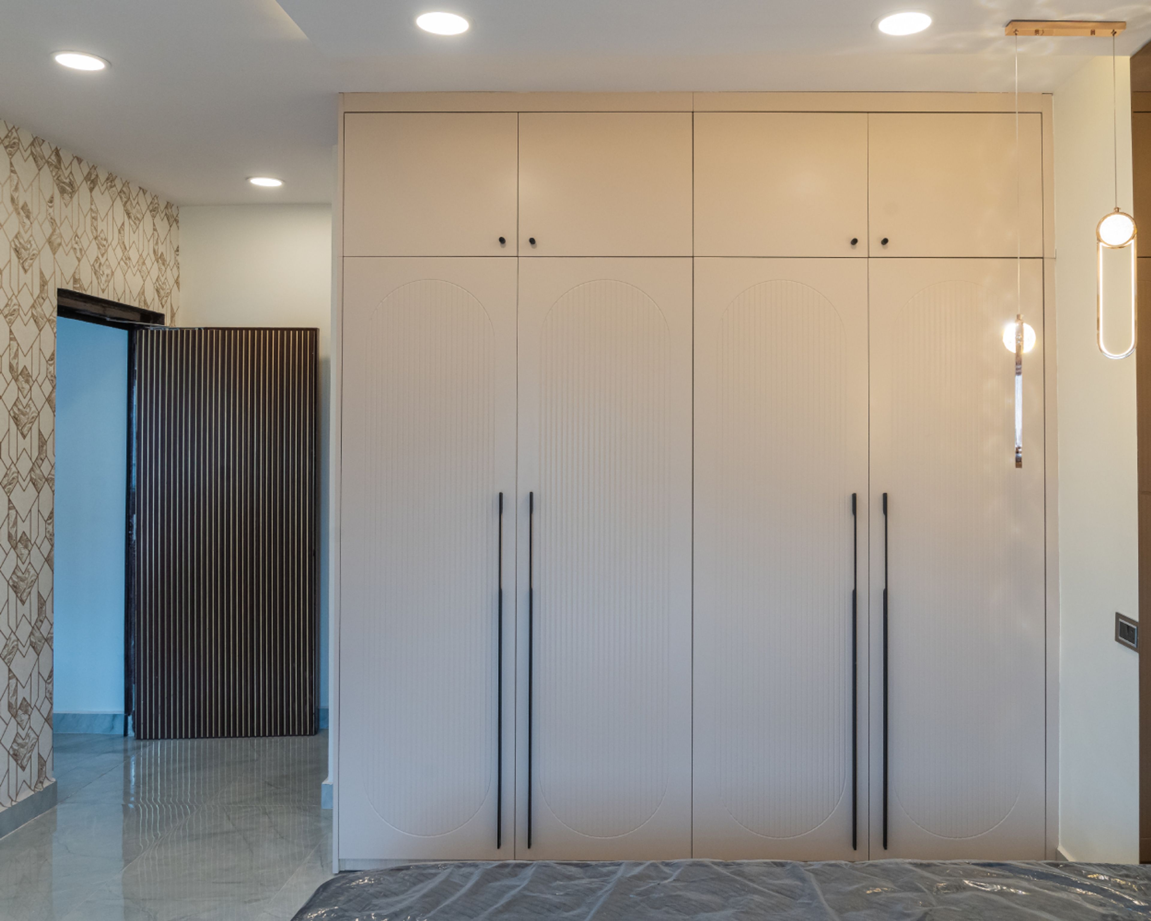 Beige 4-Door Swing Wardrobe Design with Loft Unit