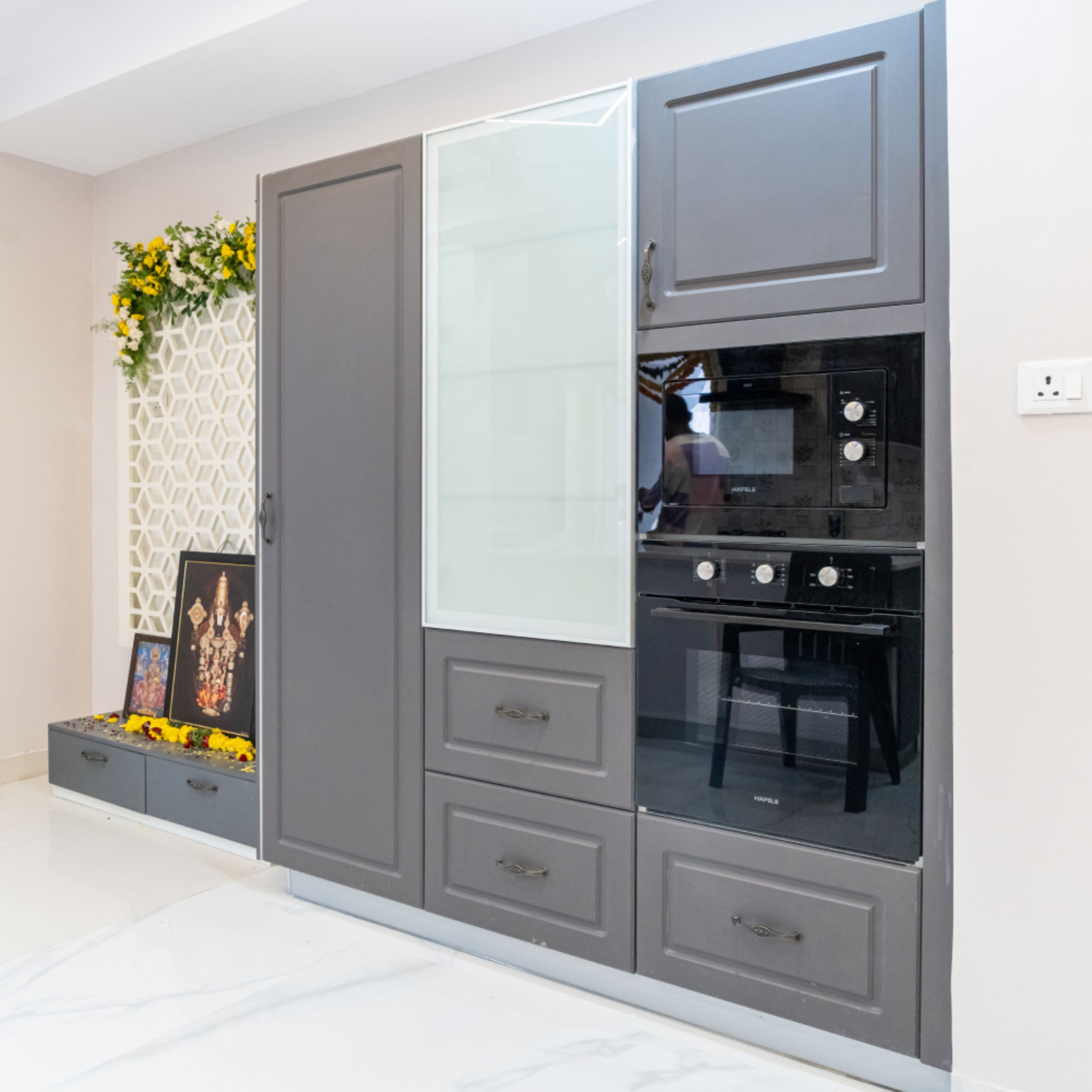 Pooja Unit Design with Attached Crockery Unit