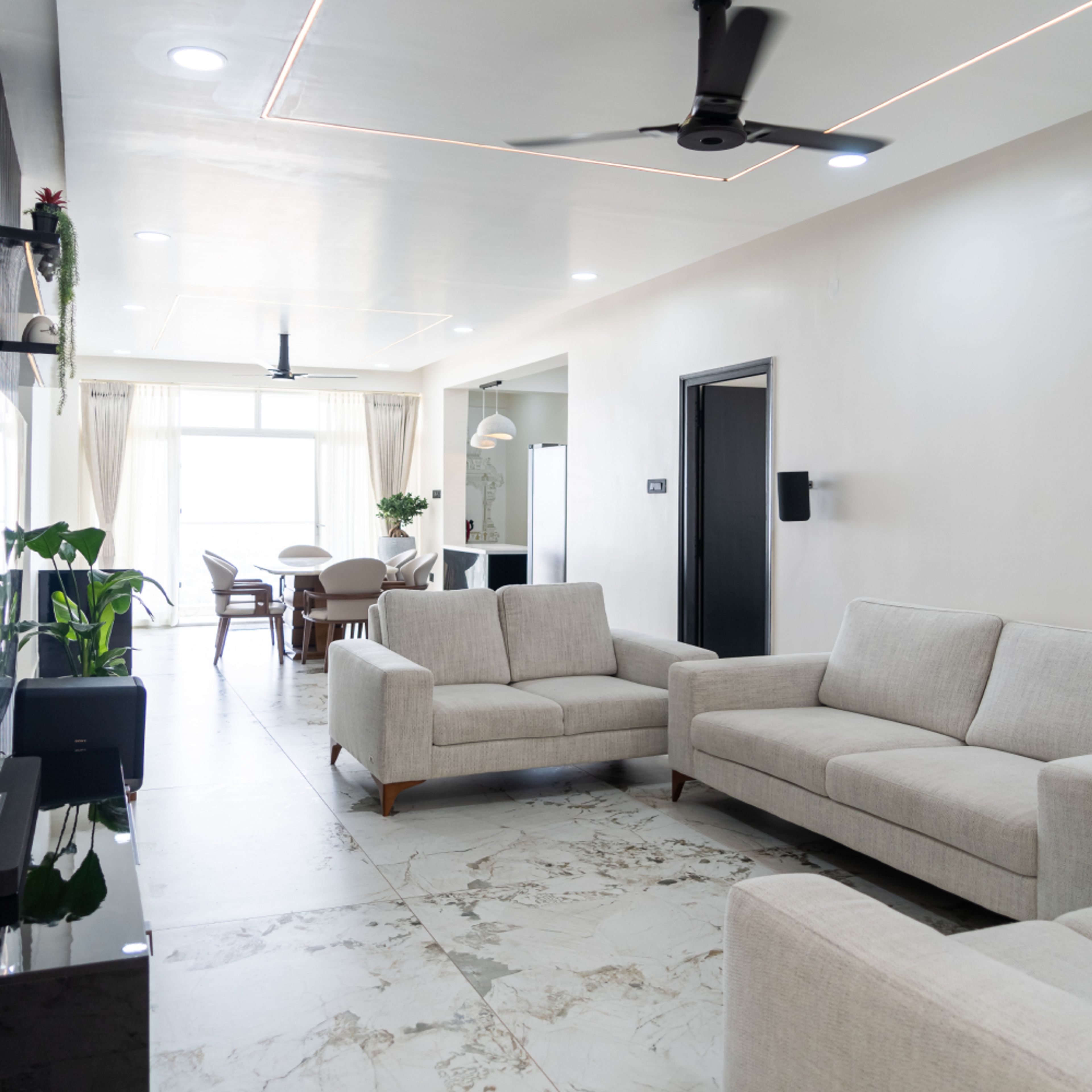 Living Room Design with Light Grey Upholstered Sofas