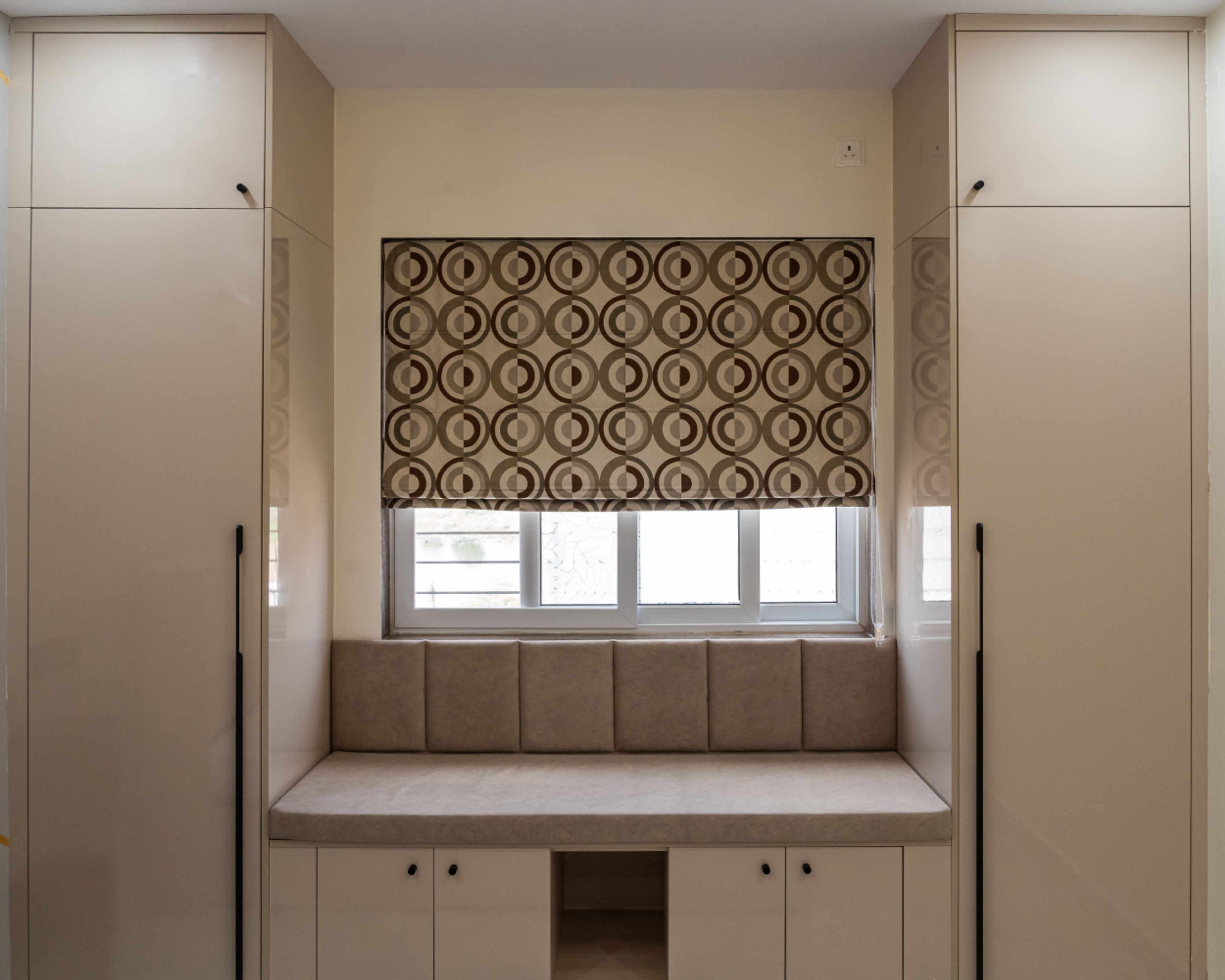 Two Single Door Swing Wardrobe Design with Cushioned Seating Bench and Storage Underneath