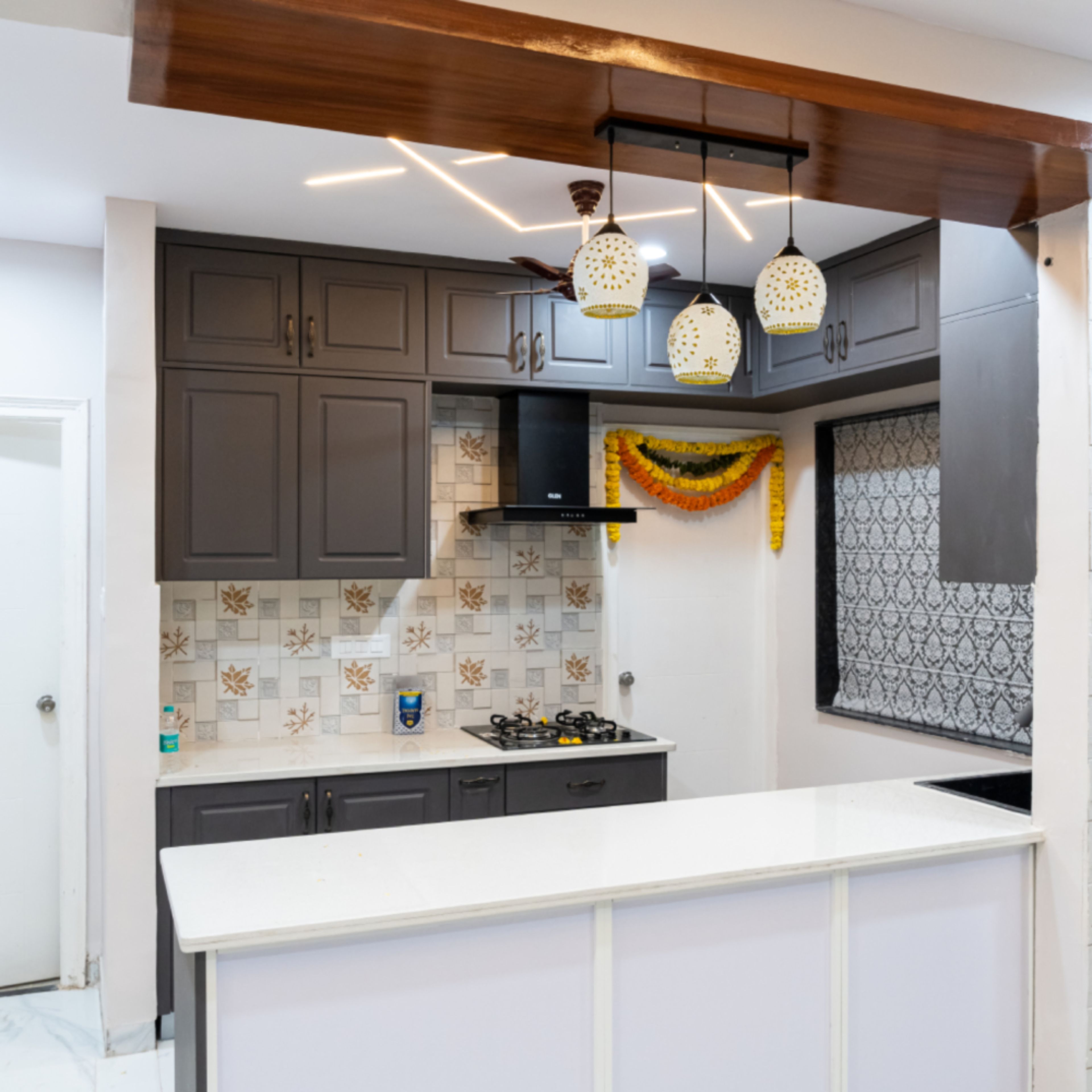 Parallel Kitchen Design with Dark Brown Wall Cabinets