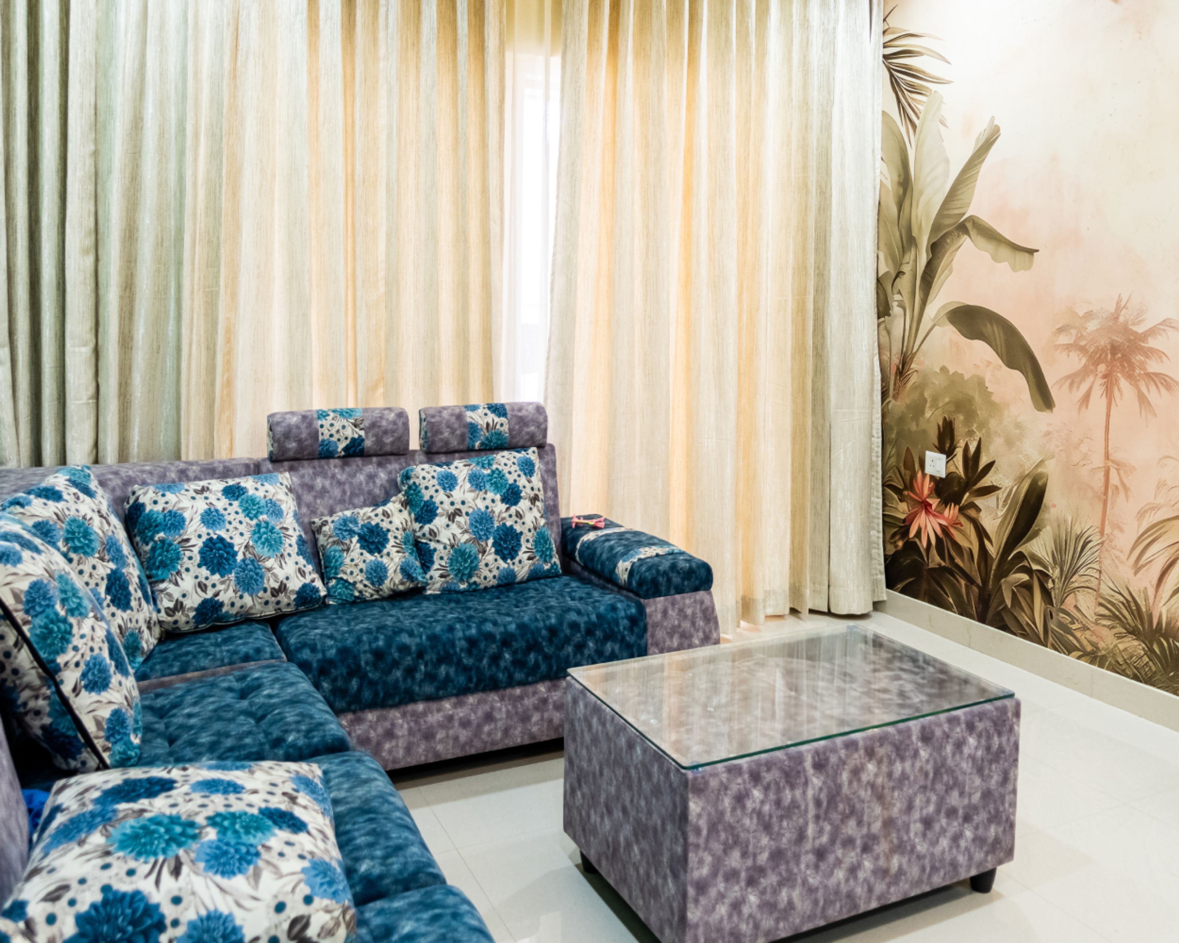 Living Room Design with Tropical Themed Wallpaper