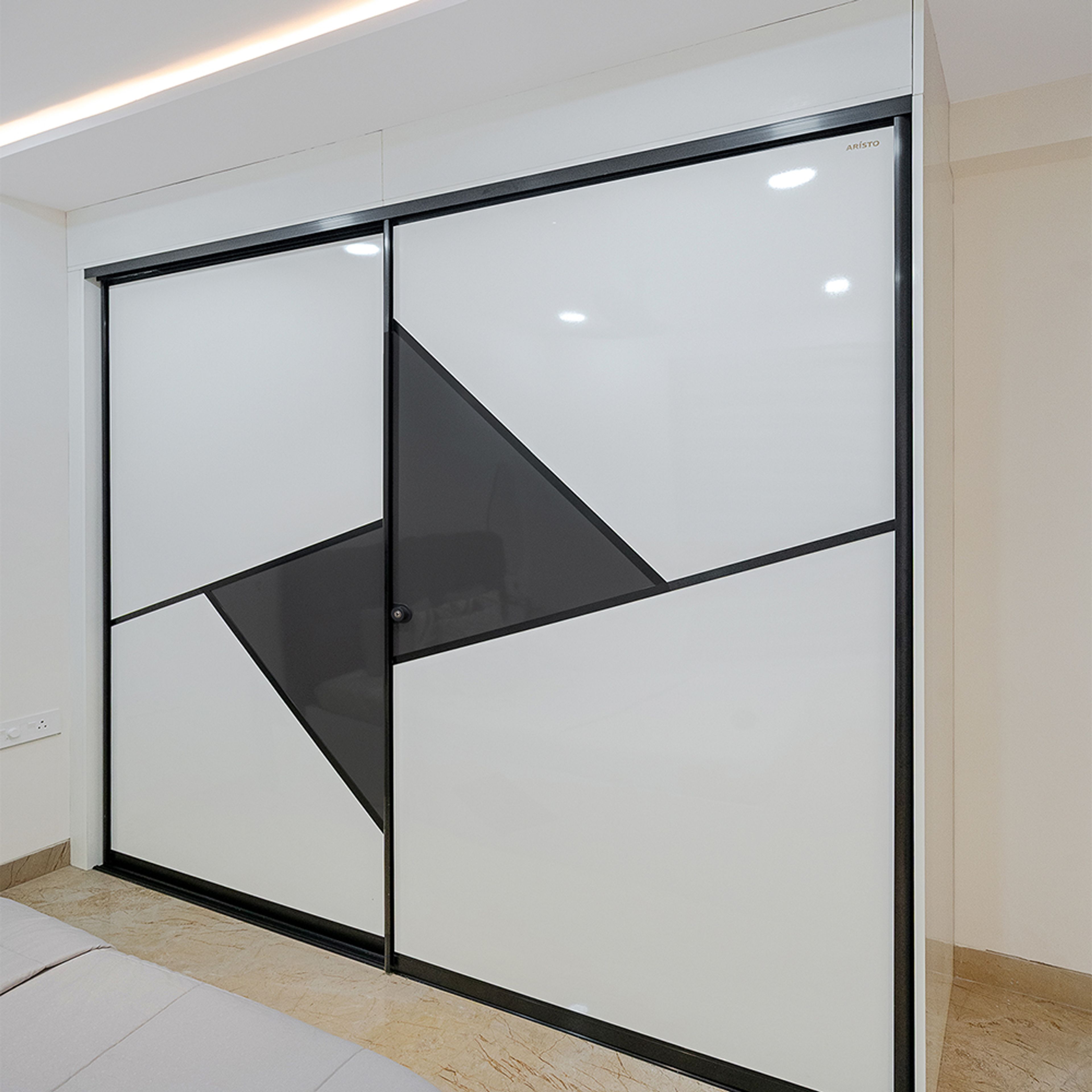 2-Door White and Dark Grey Geometric Pattern Sliding Wardrobe