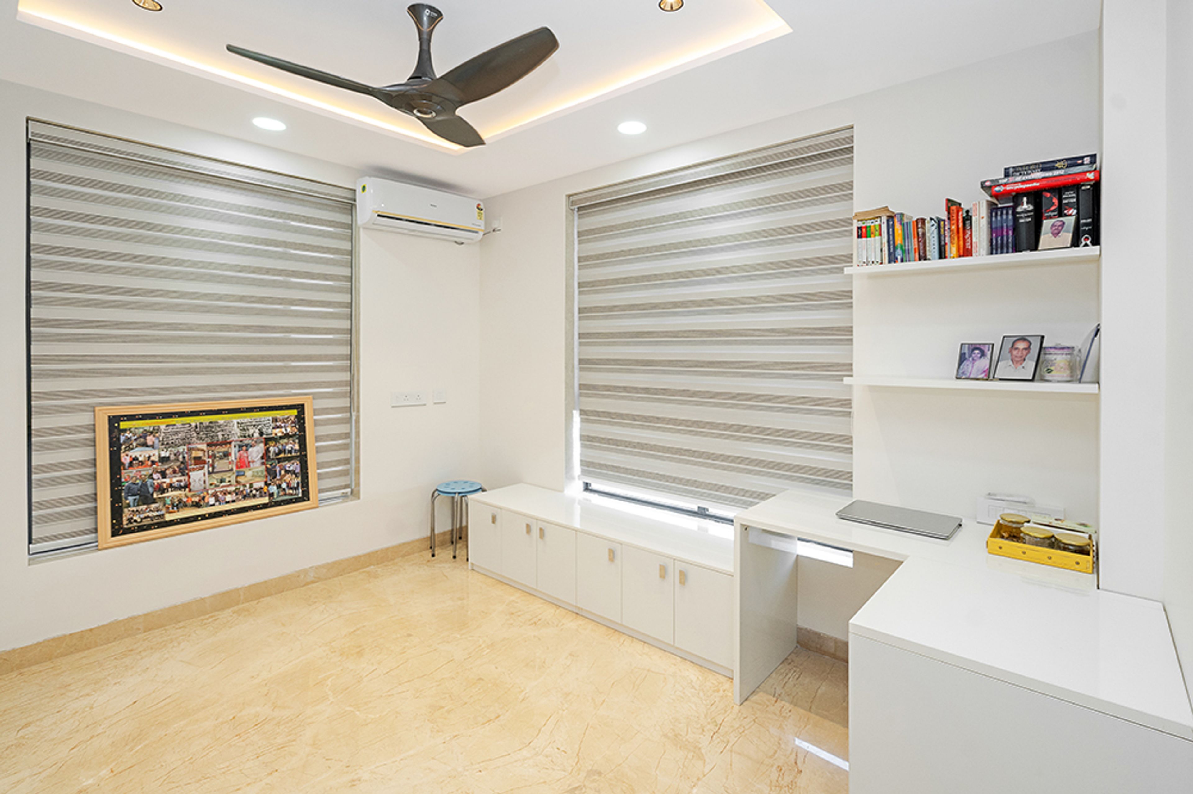 Home Office Design with White Study Desk and White Storage Bench