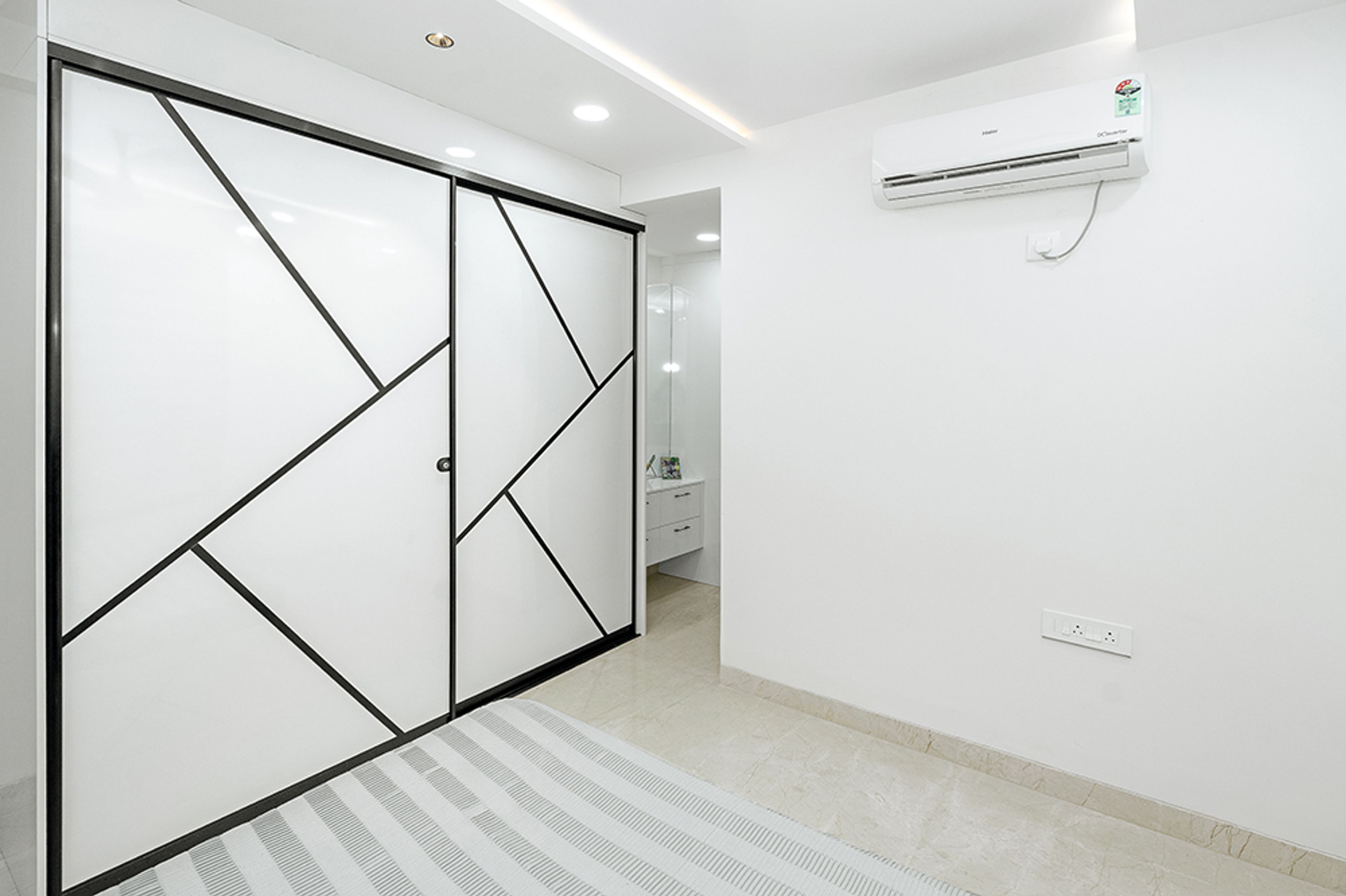 2-Door White and Black Geometric Pattern Sliding Wardrobe