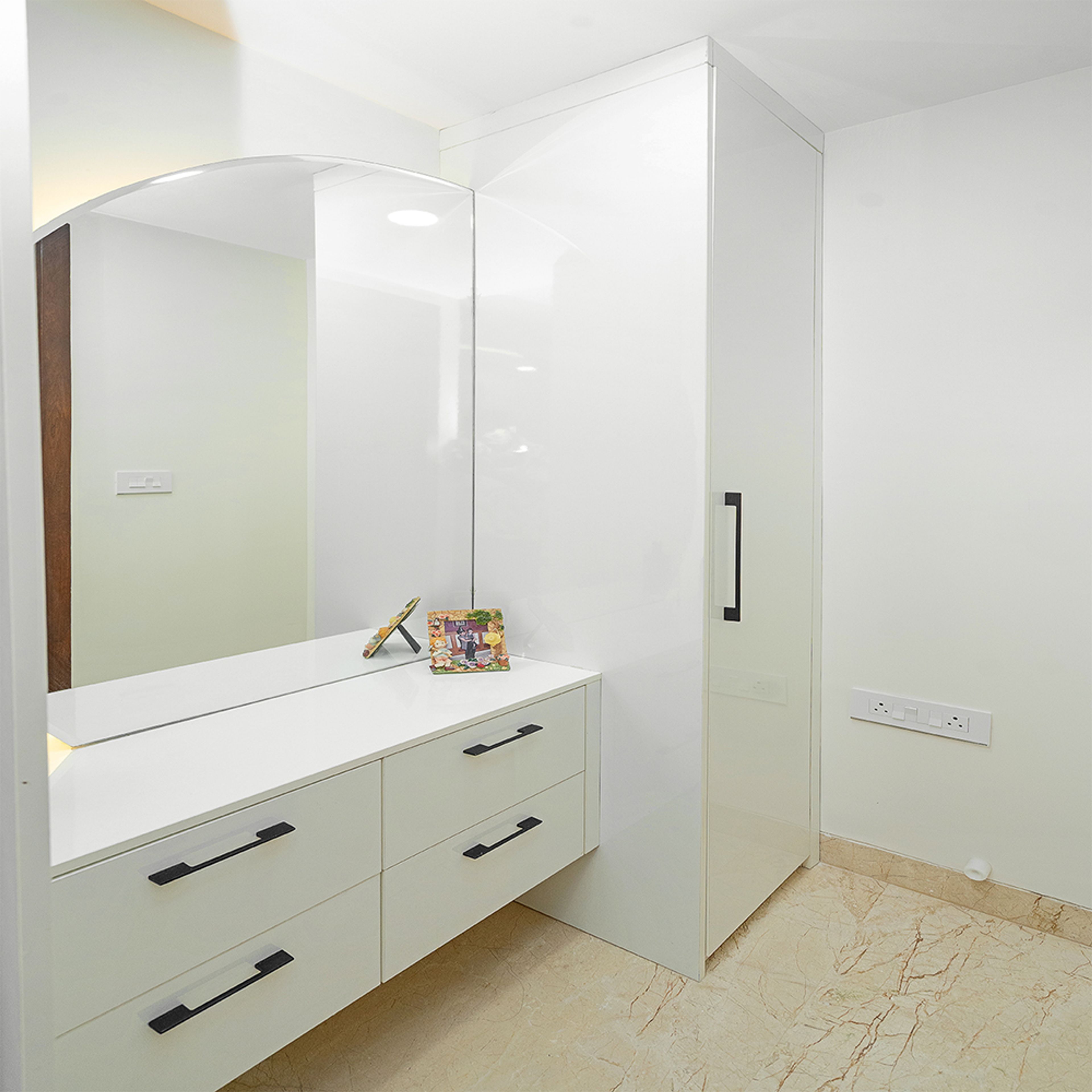 Vanity Design with Mirror, Drawers and White Single Door Cupboard