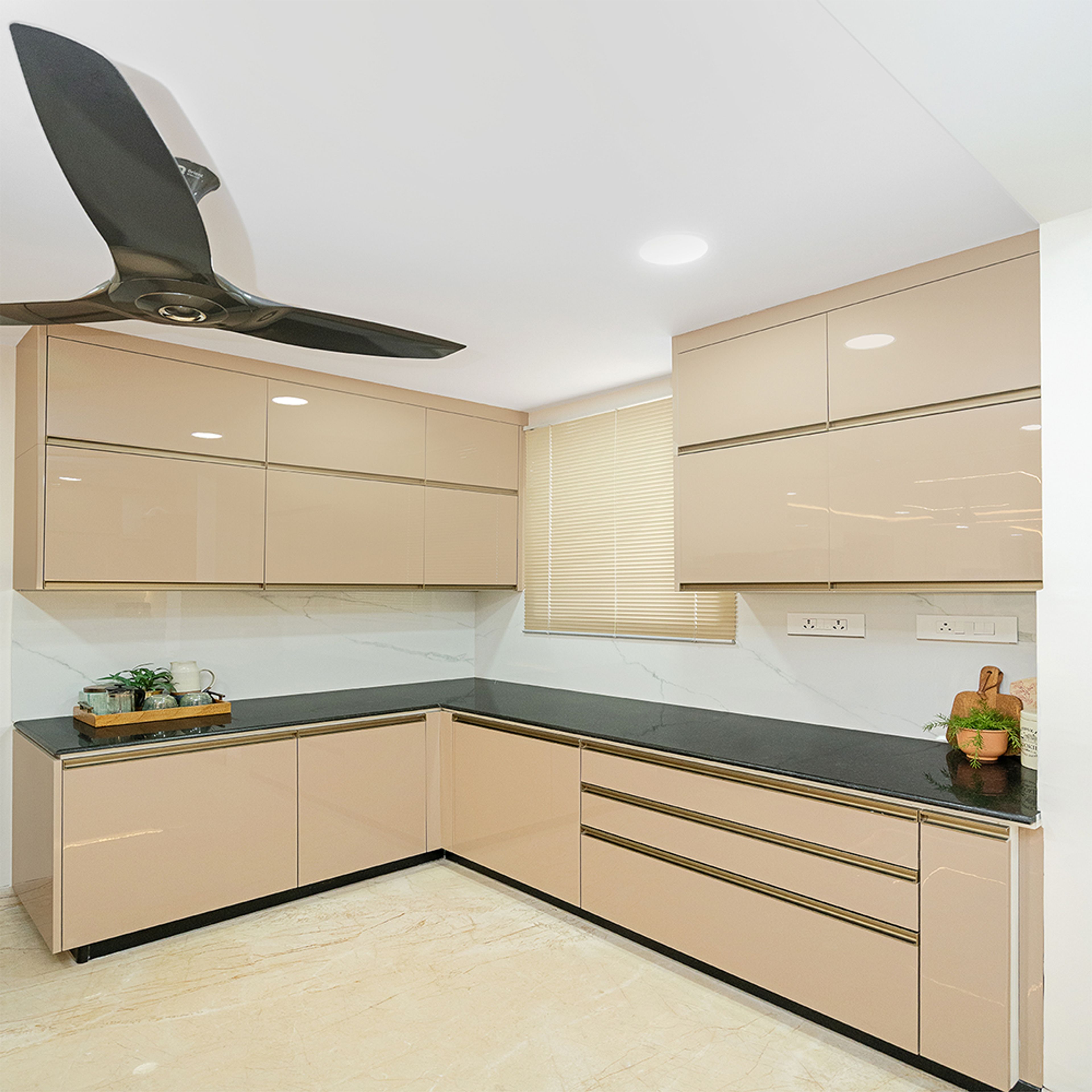 L-Shaped Kitchen Design with Beige Units and Granite Countertop