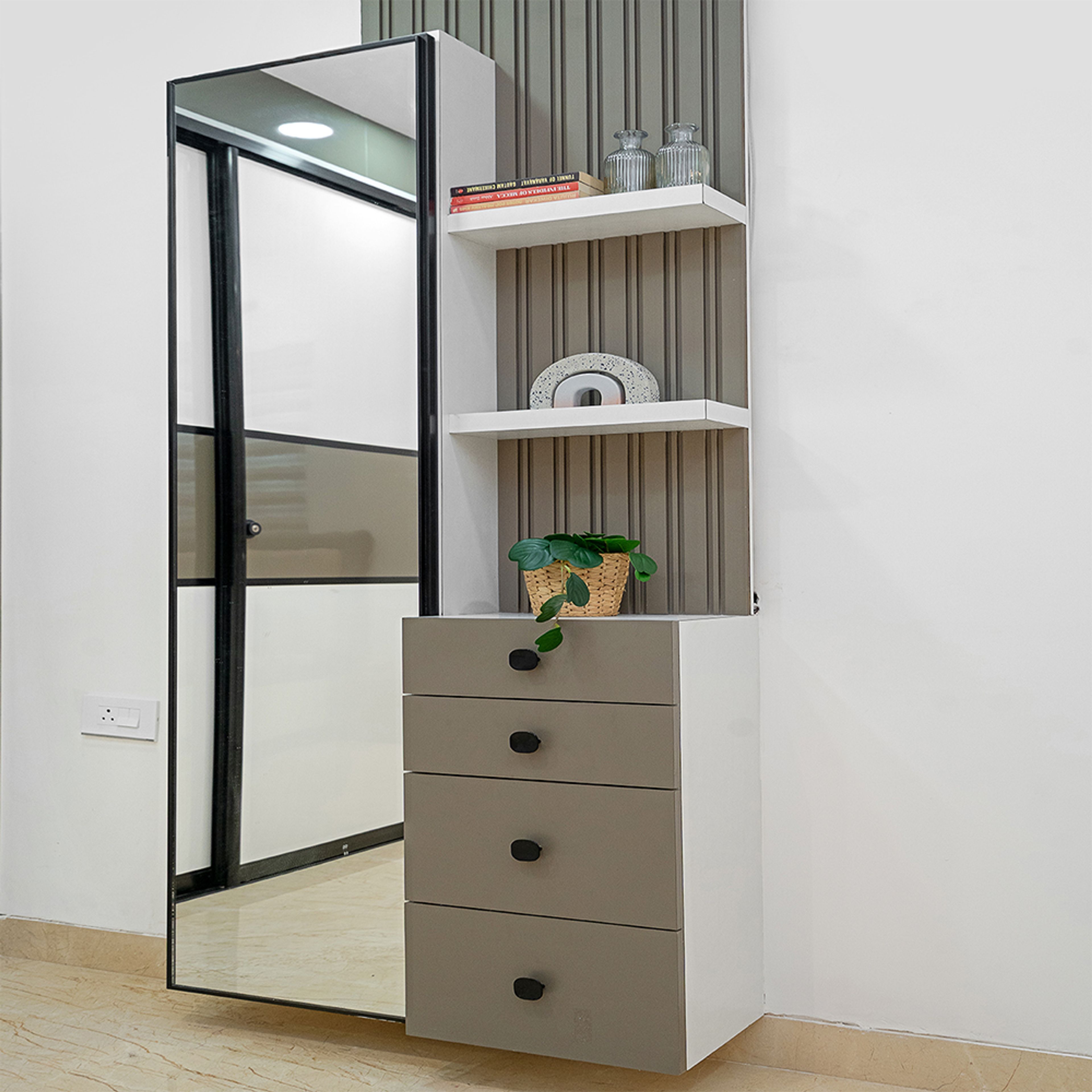 Vanity Design with Wall Mounted Rectangle Mirror with Storage and Grey Drawers