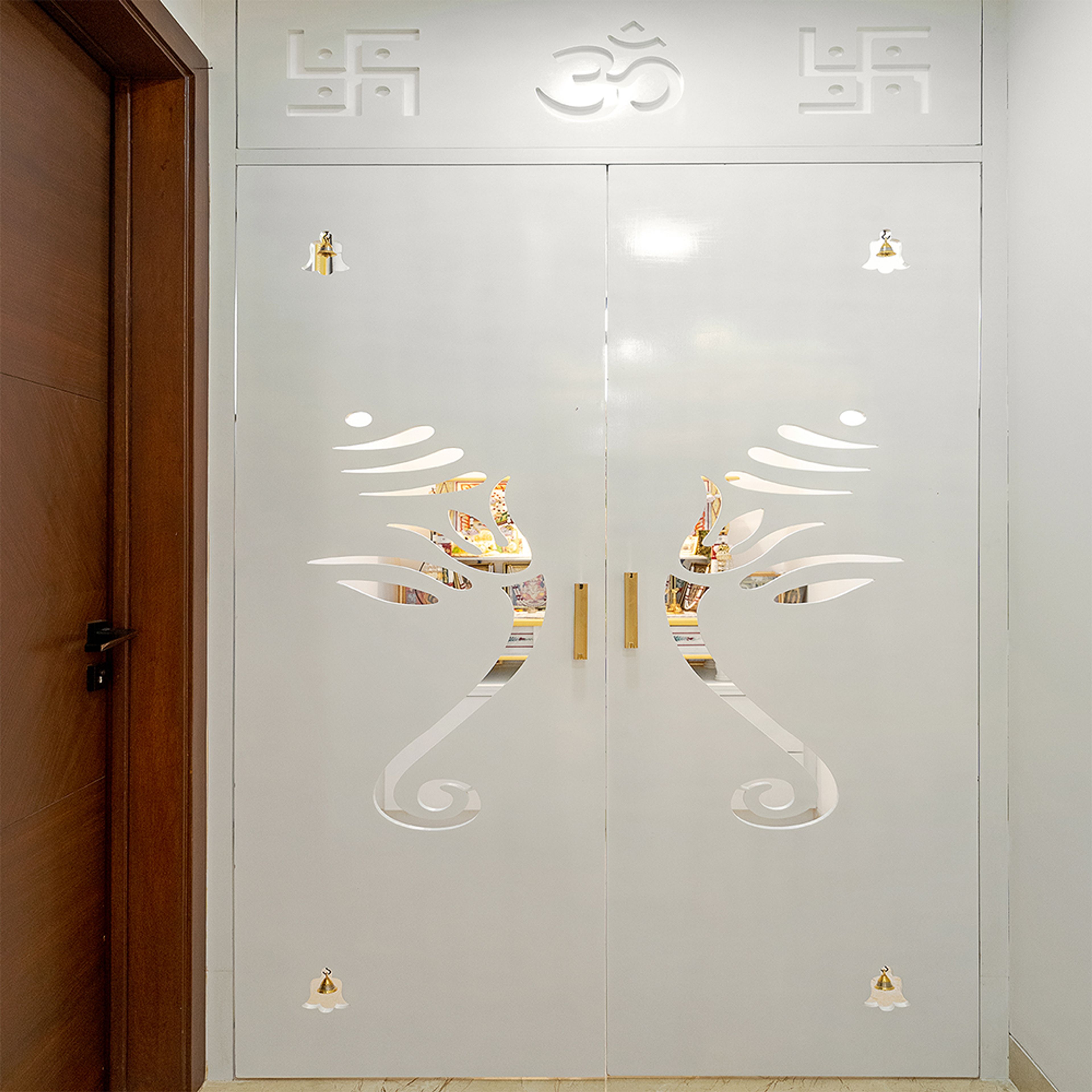 Pooja Room Design with Laser Cut White Ganesha Door