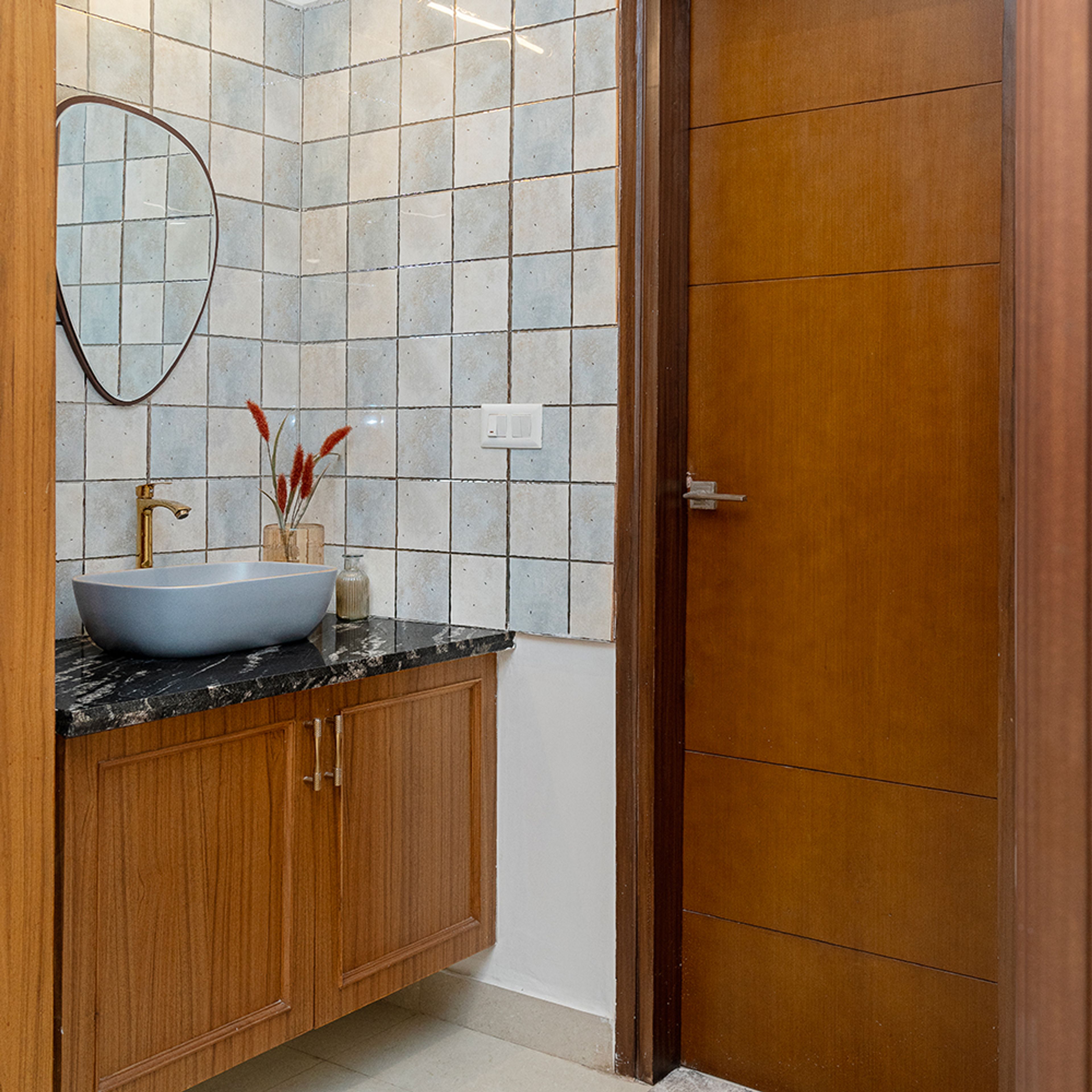 Bathroom Design with Wooden Cabinet and Square Tiles Wall