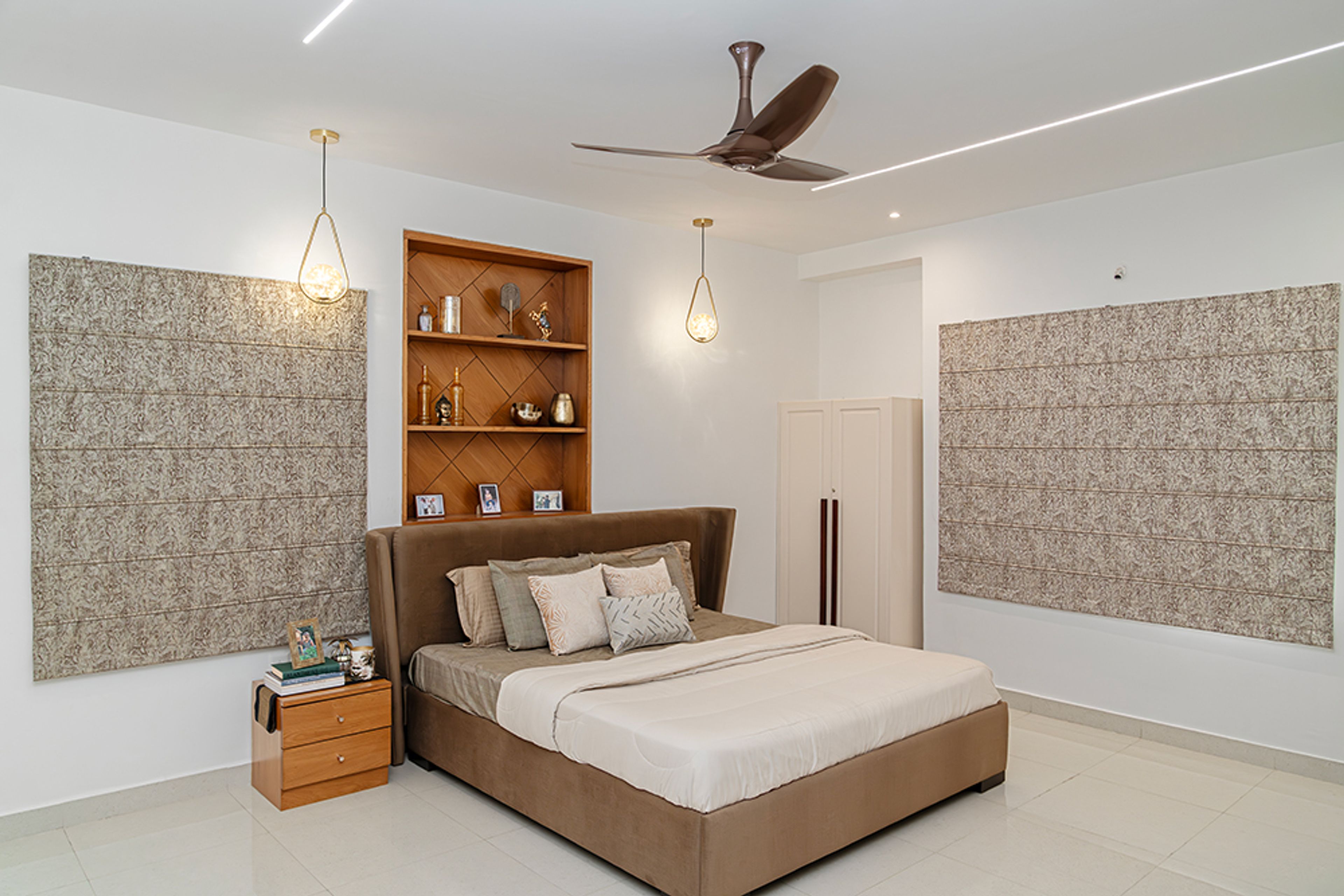 Bedroom Design with Brown Tufted Headboard Bed and Wooden Wall Niche Headboard Wall