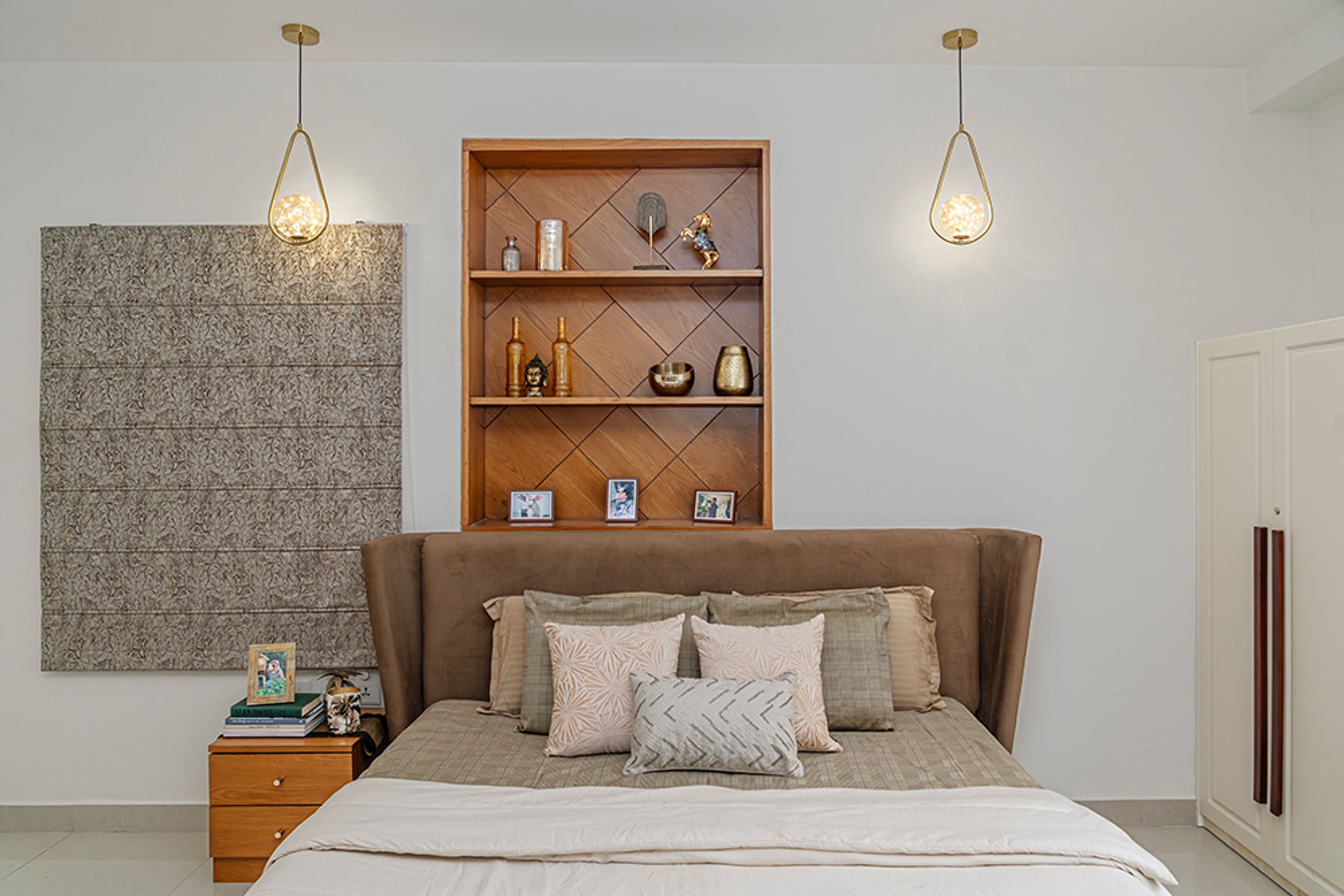 Bedroom Design with Brown Tufted Headboard Bed and Wooden Wall Niche Headboard Wall