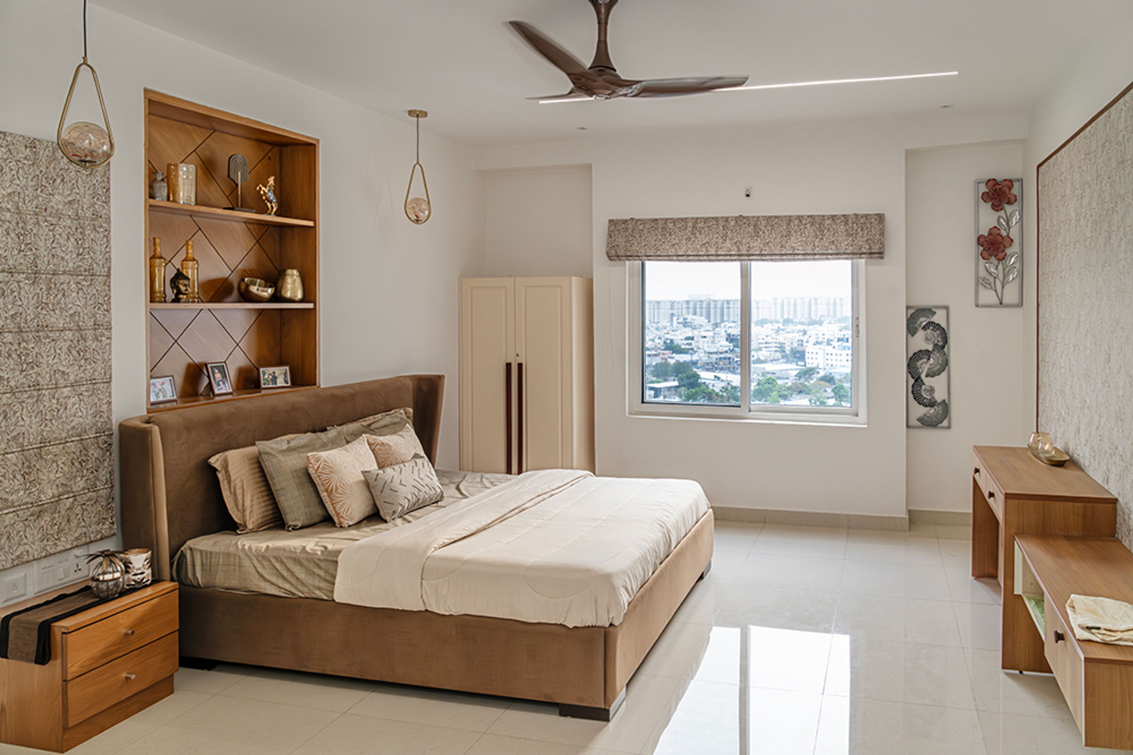 Bedroom Design with Cream Small 2-Door Wardrobe and Wooden TV Unit
