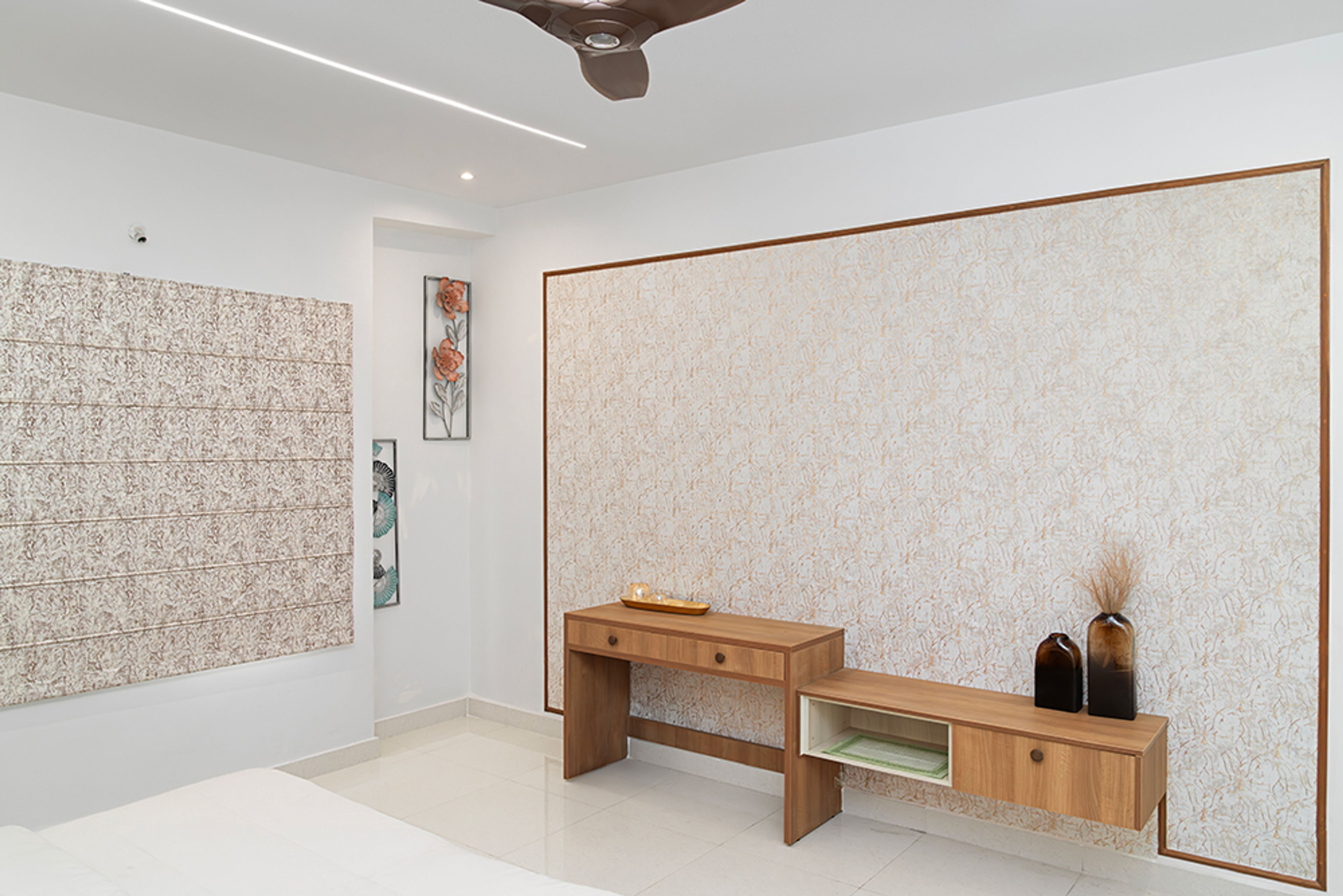 Bedroom Design with Wooden TV Unit with Textured Beige Wall Backsplash