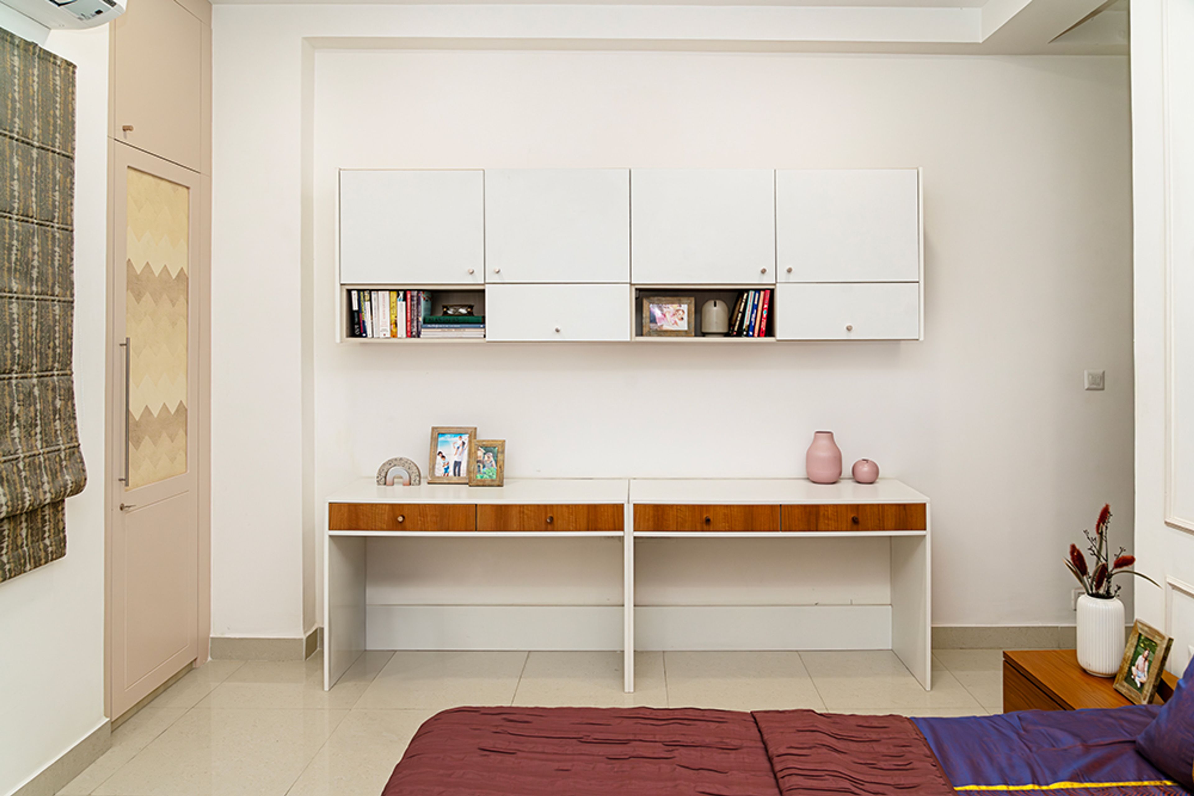 Bedroom Design with White Study Space with Desk and Floating Cabinets