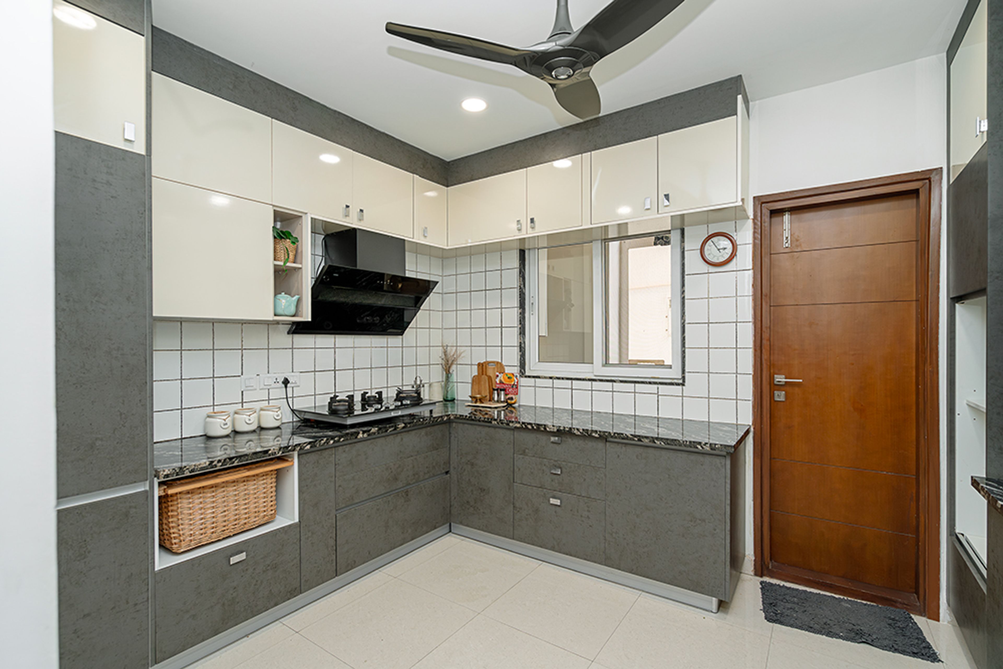 U-Shaped Kitchen Design with Grey Textured and Cream Cabinets