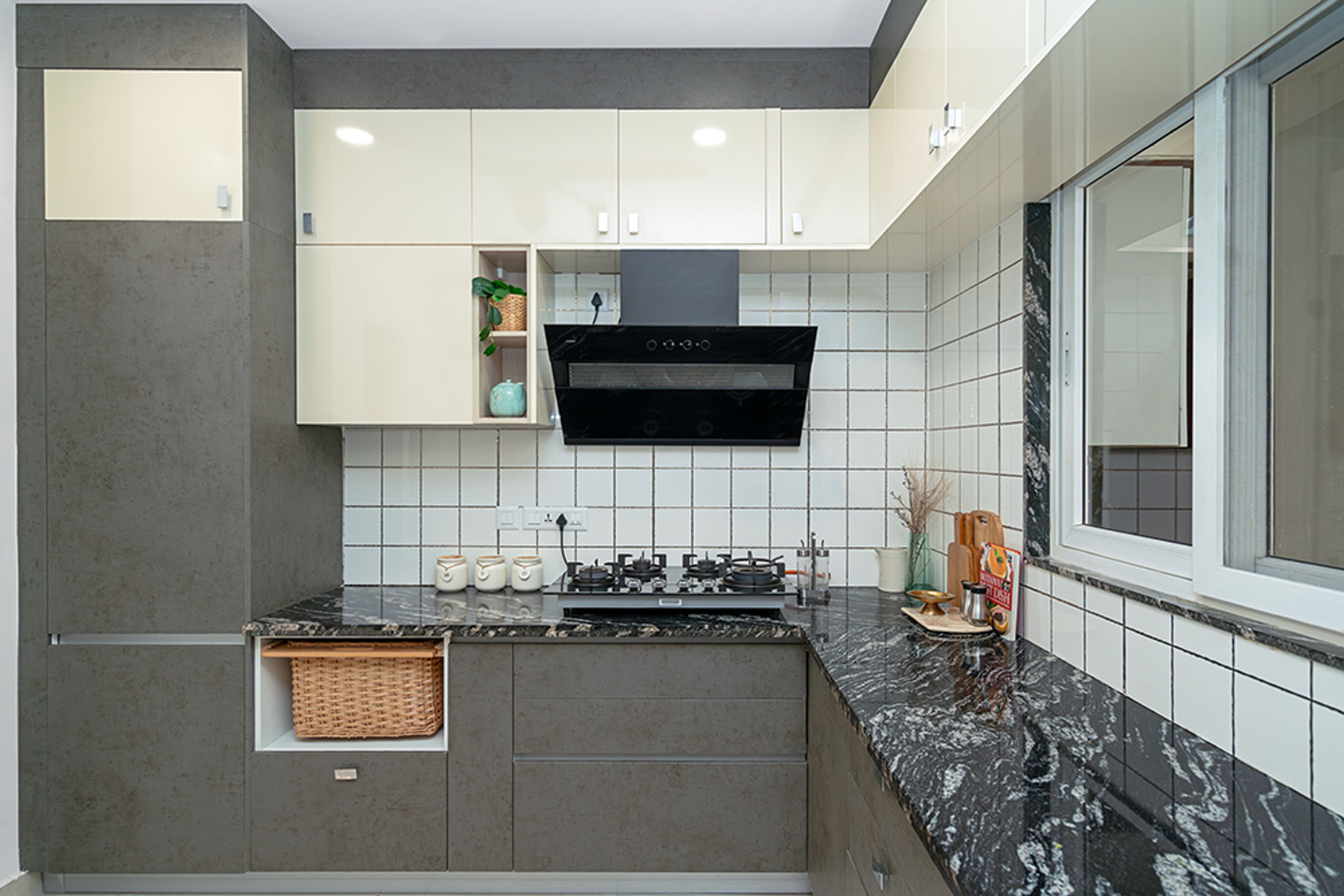 U-Shaped Kitchen Design with Blacks and White Square Tiles Backsplash and Grey Textured Cabinets