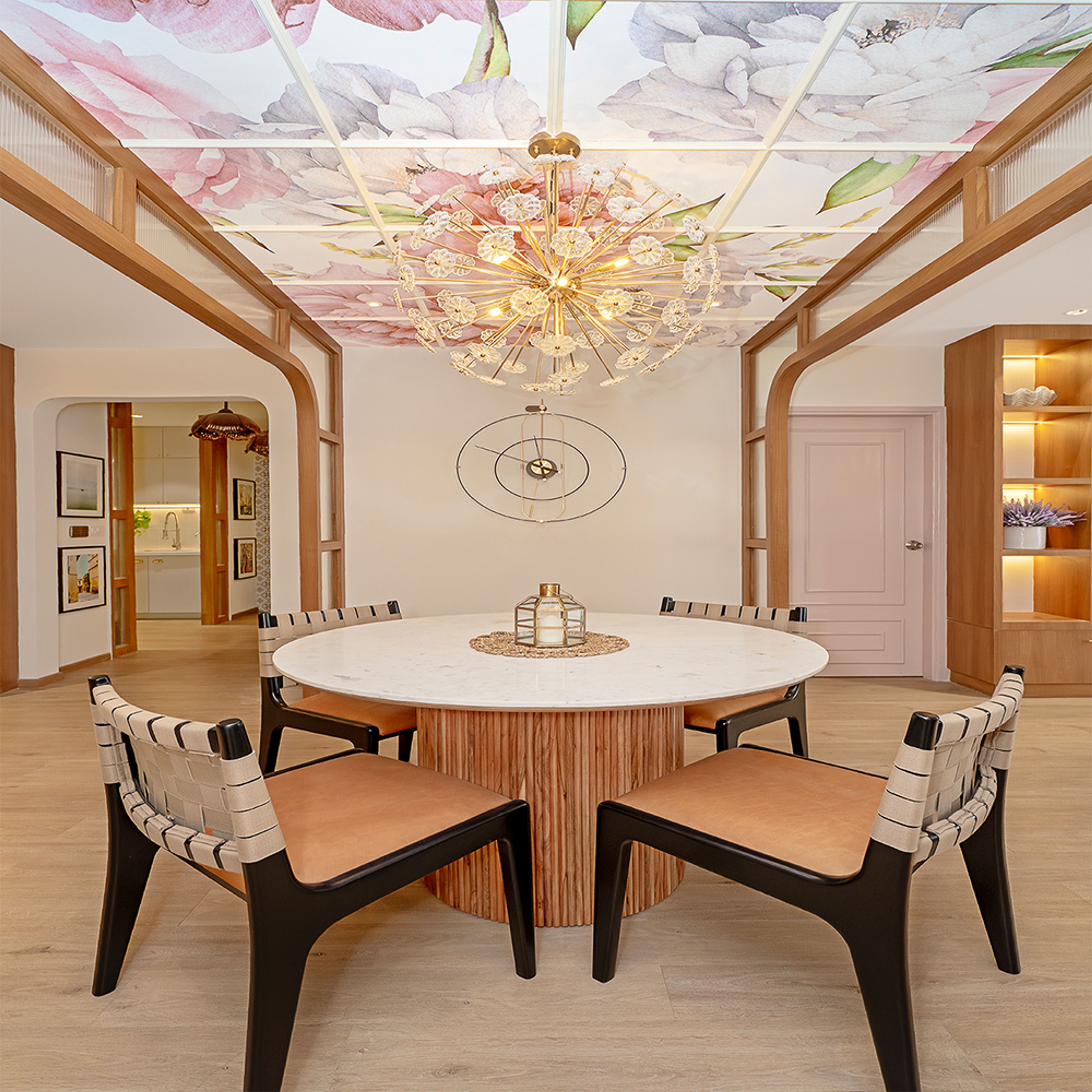 Dining Room With Floral Ceiling and 4-Seater Dining Table