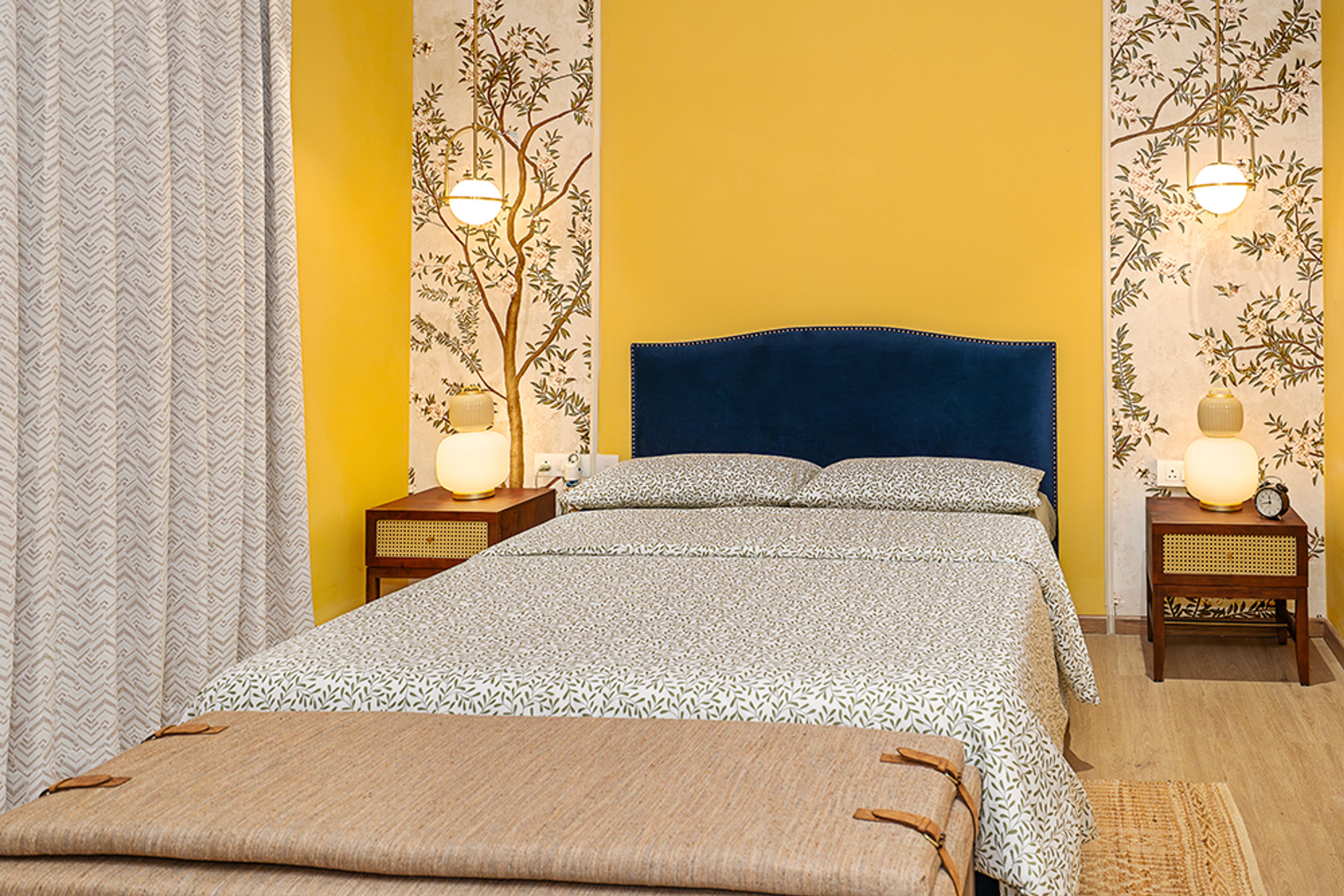 Bedroom Design with Yellow Wall and Tree Themed Wallpaper