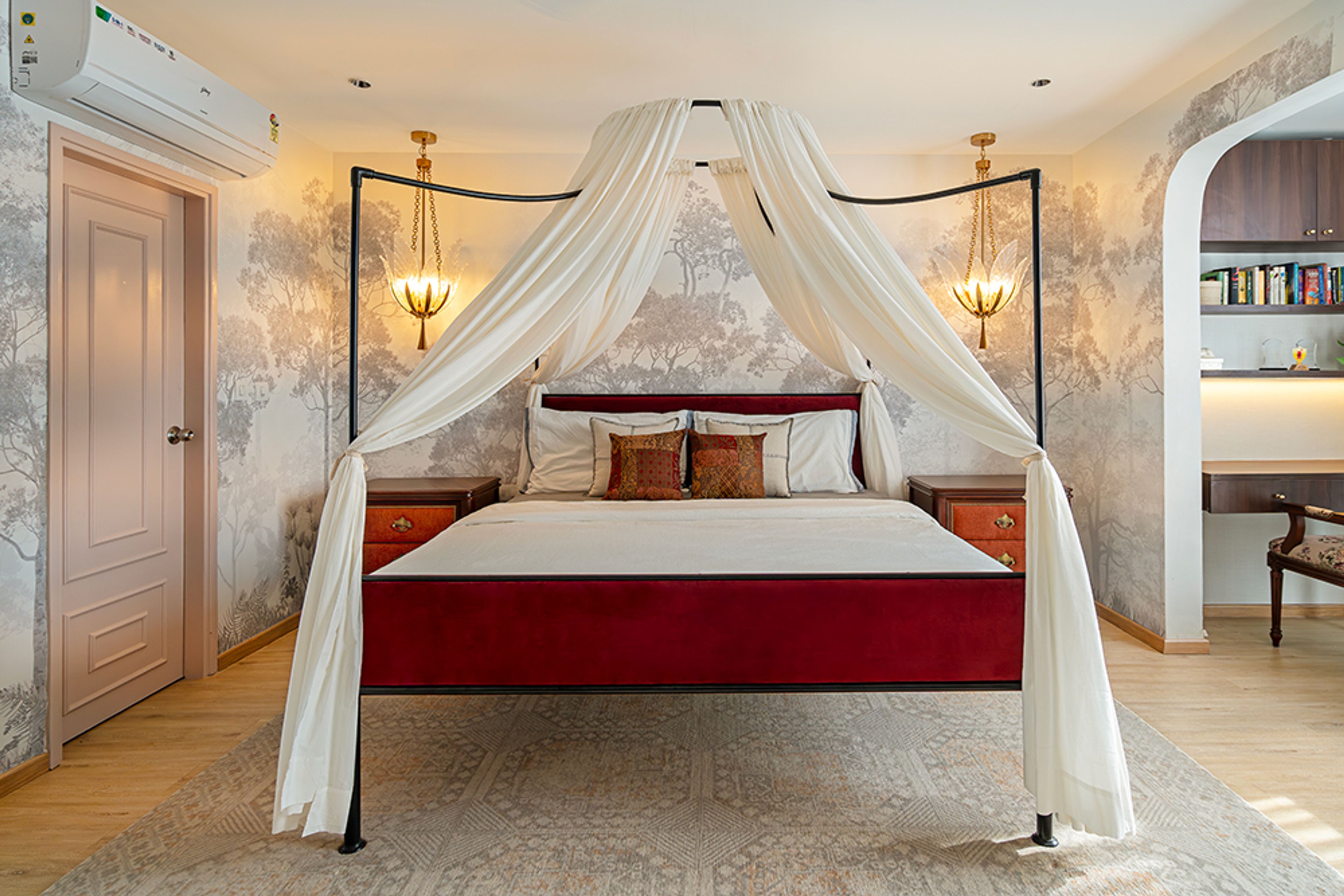 Bedroom Design with Canopy Bed With Sheer Drapes and Tree Themed White Wallpaper