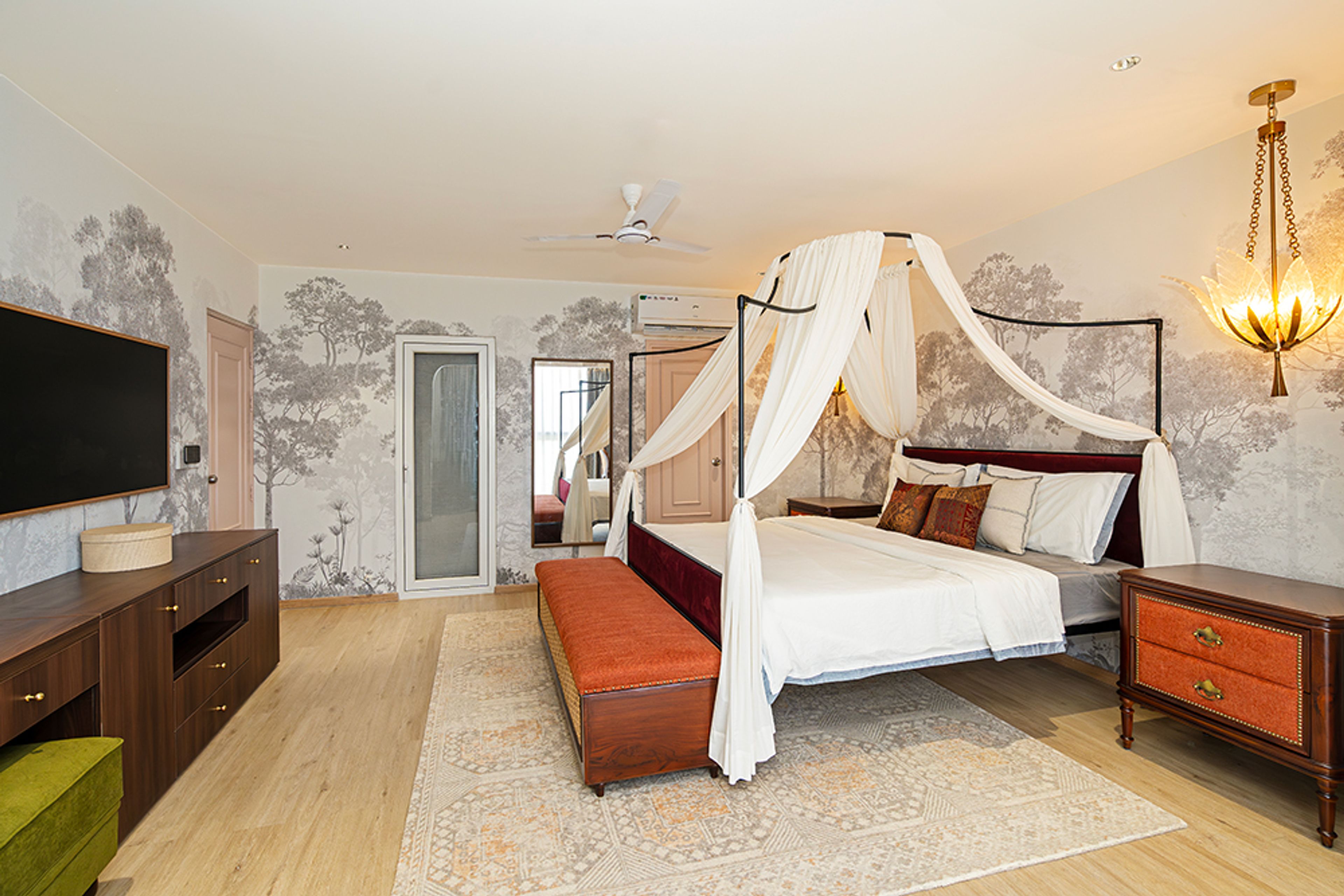 Bedroom Design with Canopy Bed With Sheer Drapes, Tree Themed White Wallpaper and Wooden TV Unit