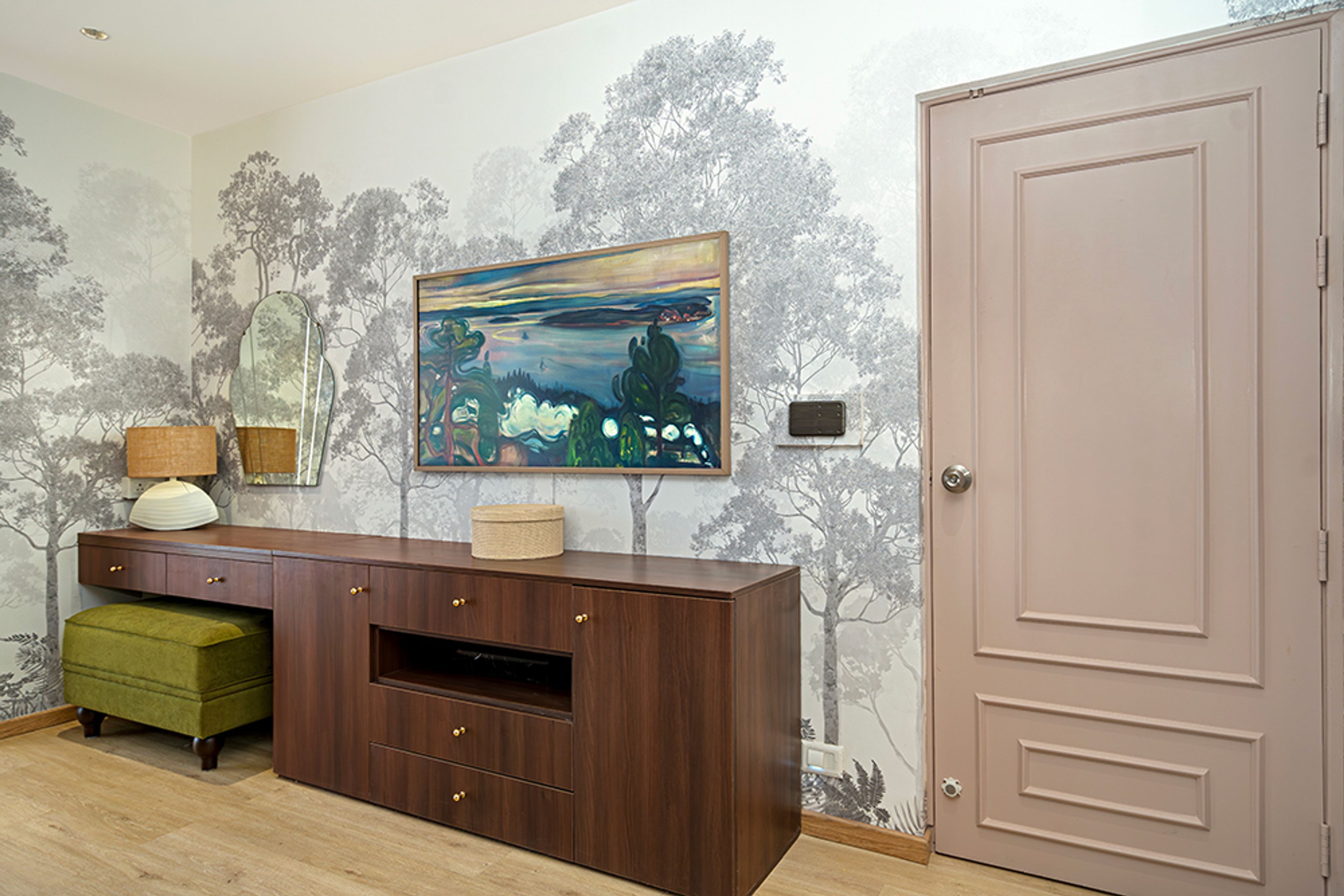 Foyer Design with Tree Themed White Wallpaper and Wooden Storage Unit