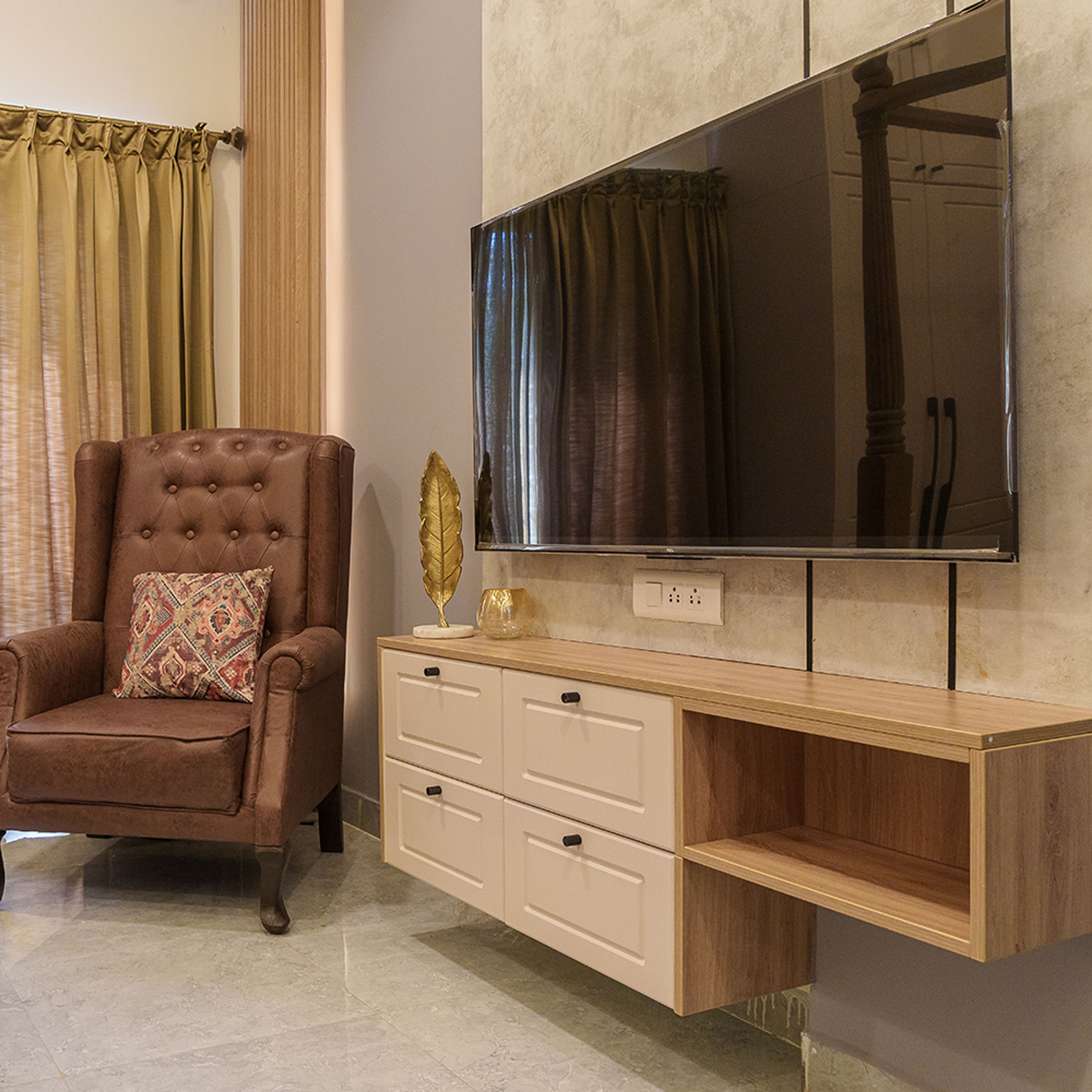 Wooden TV Unit and Brown Leather Accent Chair