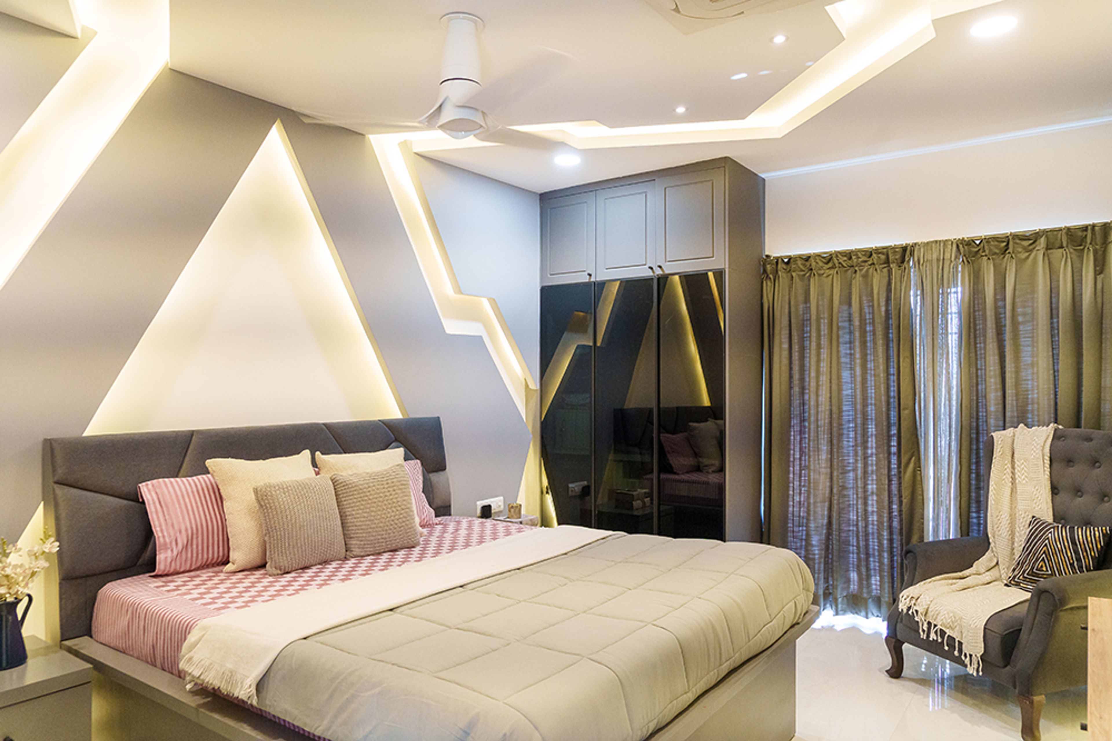 Bedroom Design with Black Tinted Glass 3-Door Sliding Wardrobe amd Geometric Backlit Wall Design