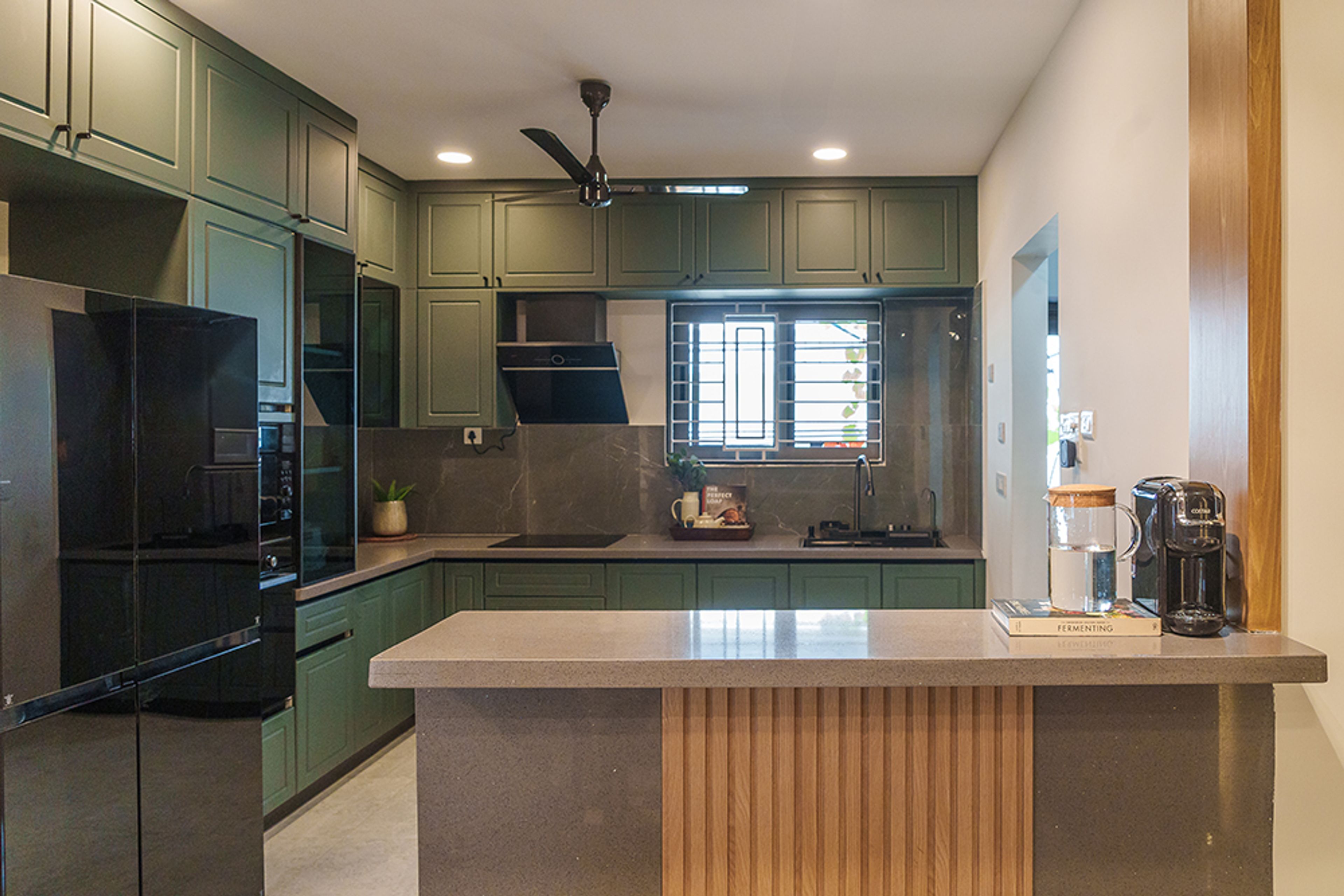 U-Shaped Kitchen Design with Forest Green Units and Granite Island