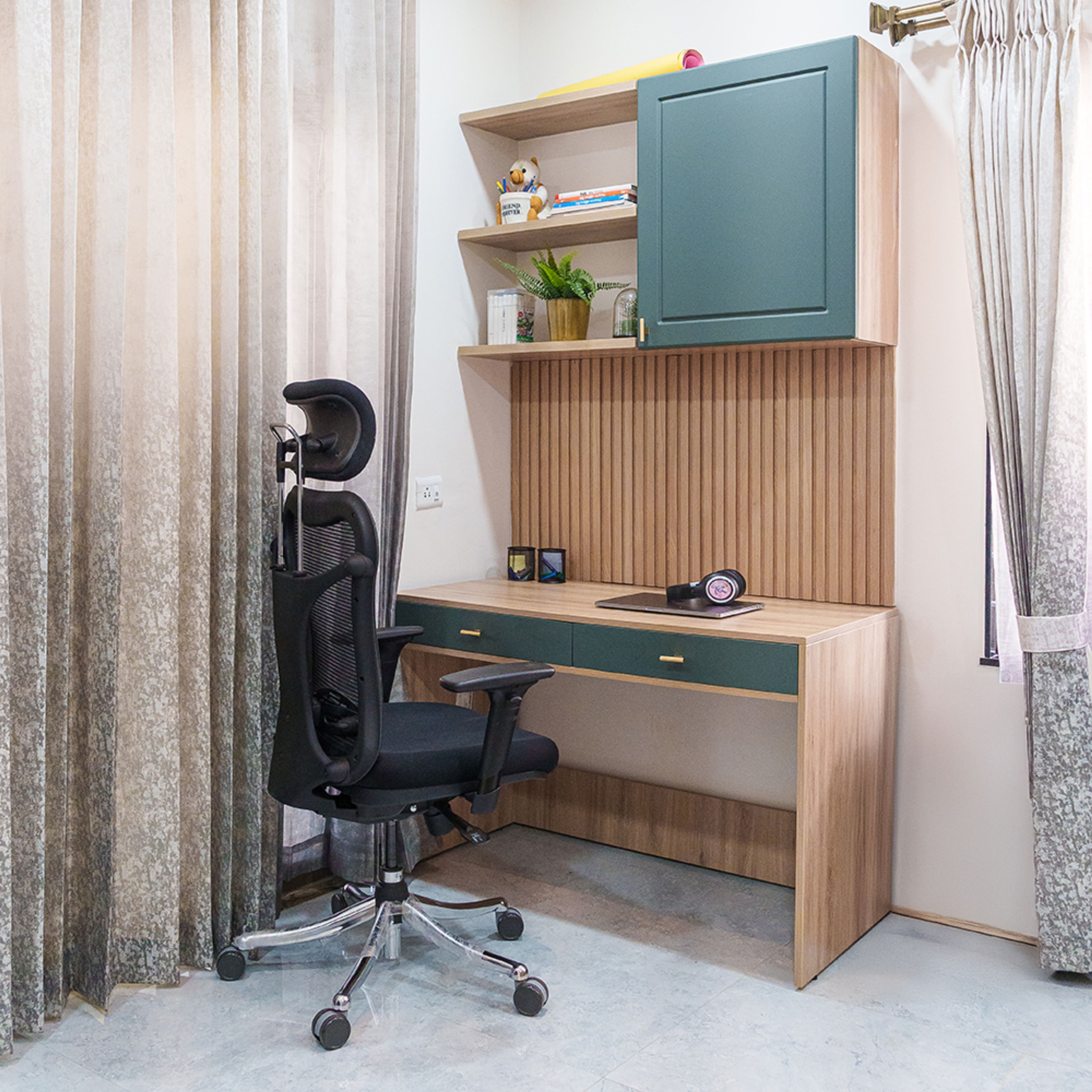 Wooden and Green Study Space with Black Chair