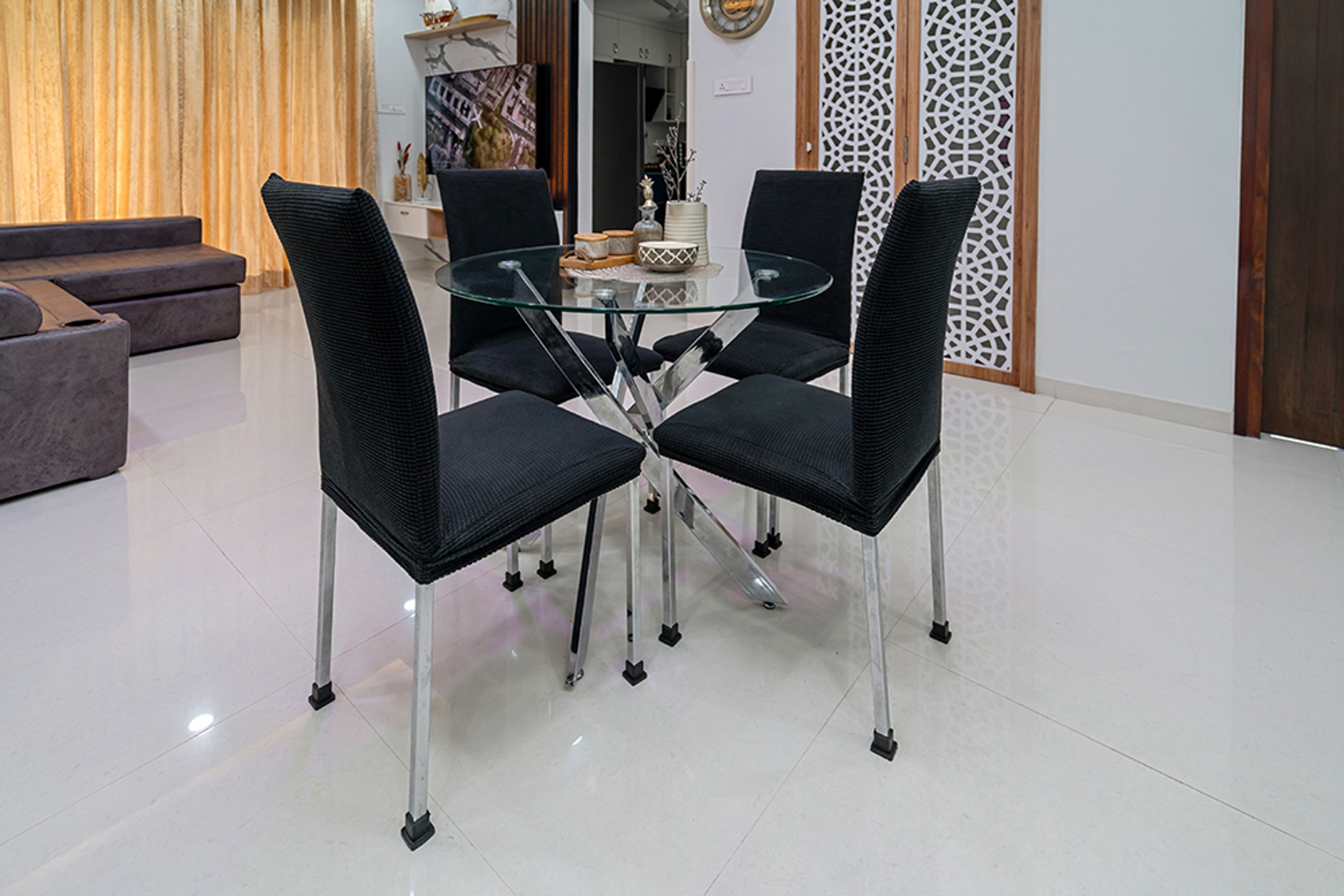 4-Seater Glass Dining Table and Blue Chairs