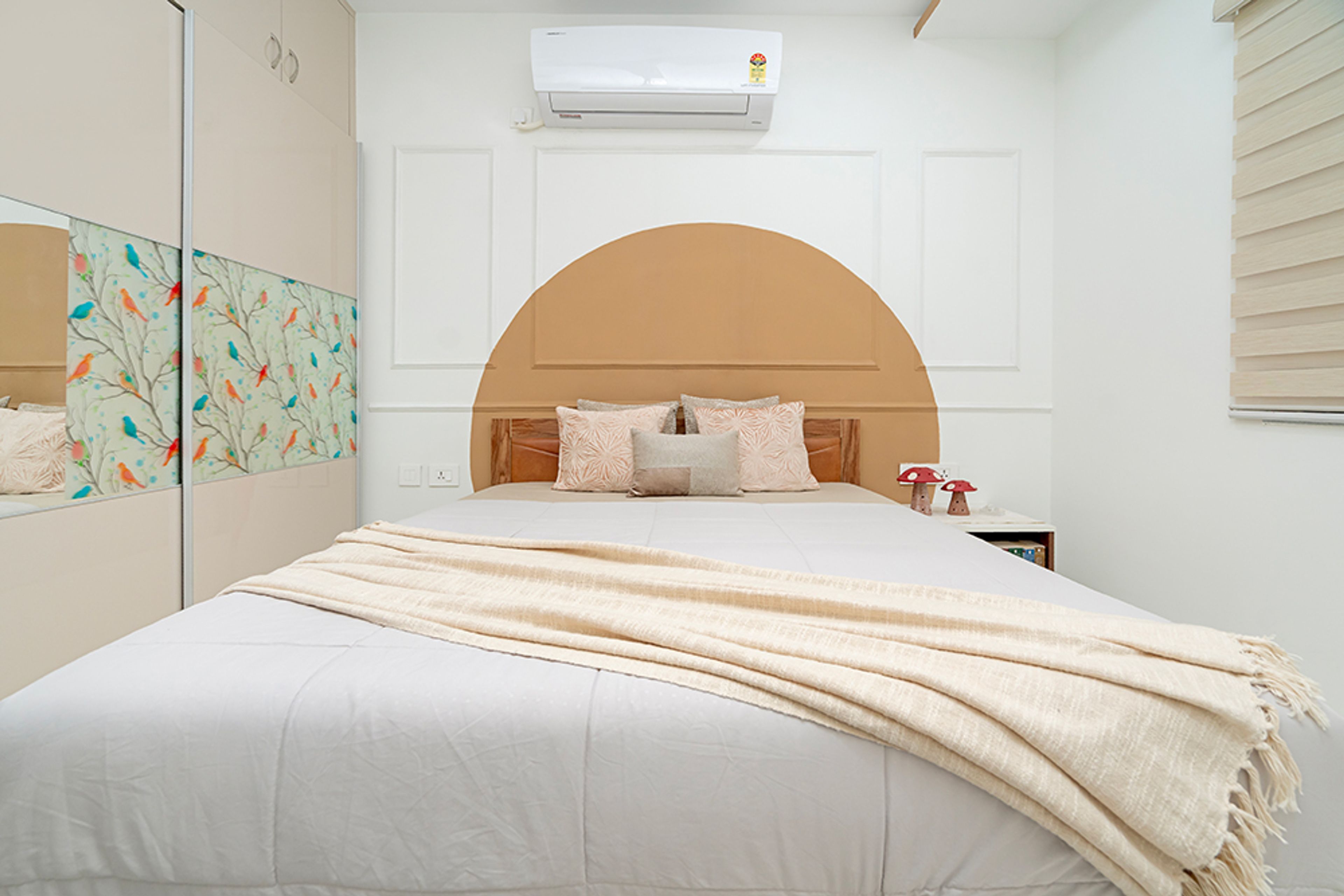 Bedroom Design with White Wall with Trims and Orange Arch