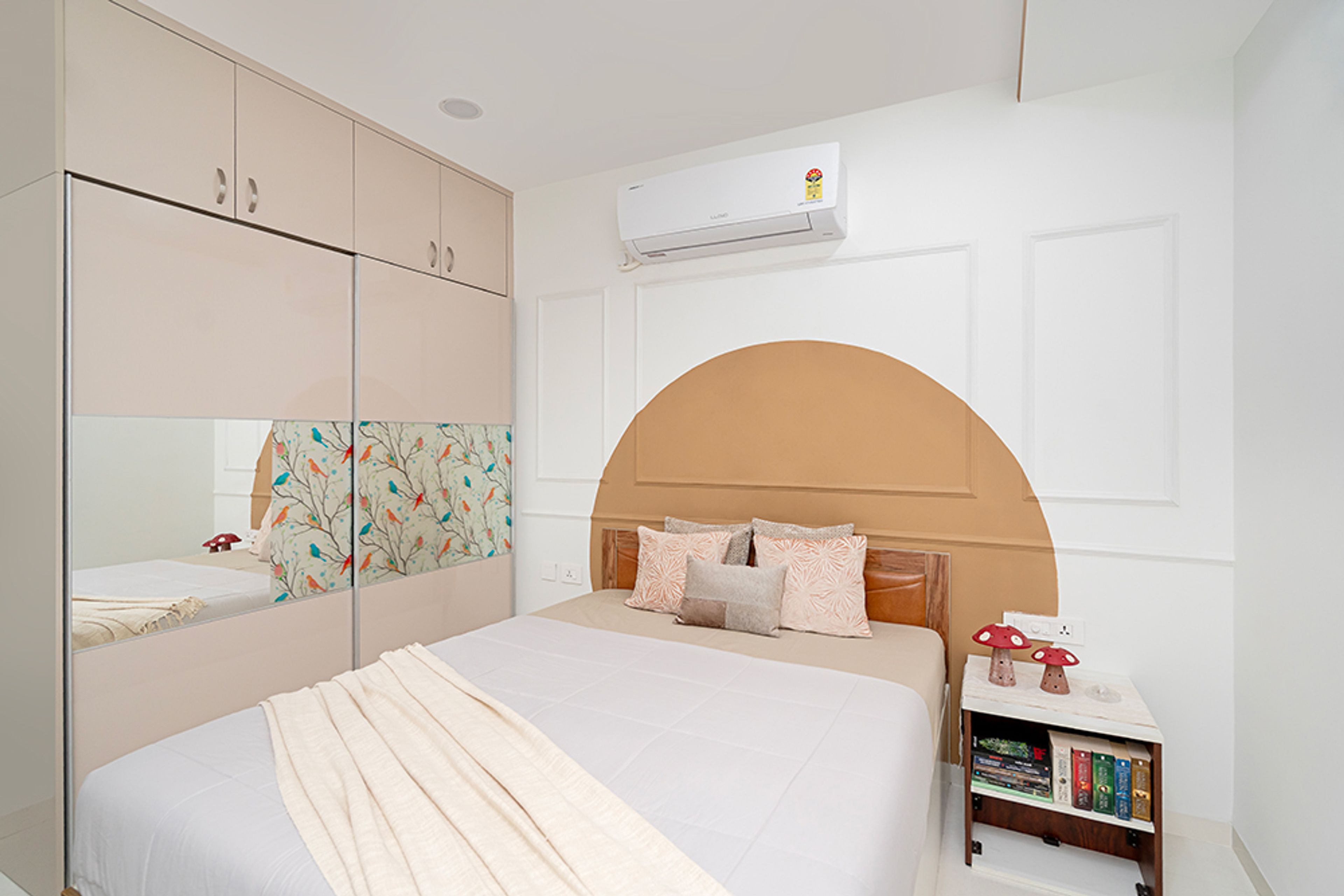 Bedroom Design with White Wall with Trims and Orange Arch and 2-Door Beige Sliding Wardrobe with Integrated Mirror