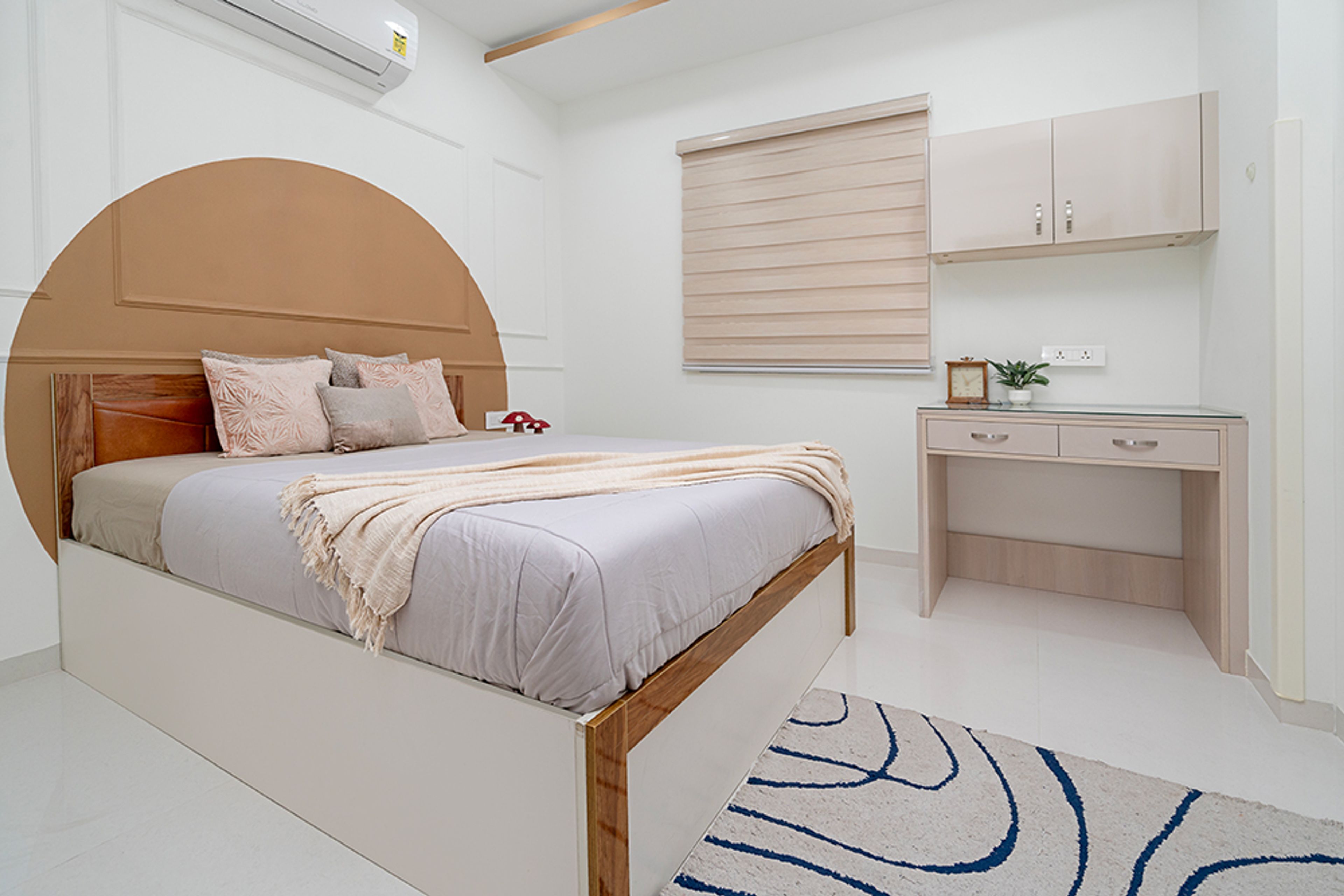 Bedroom Design with White Wall with Trims and Orange Arch and Beige Study Unit