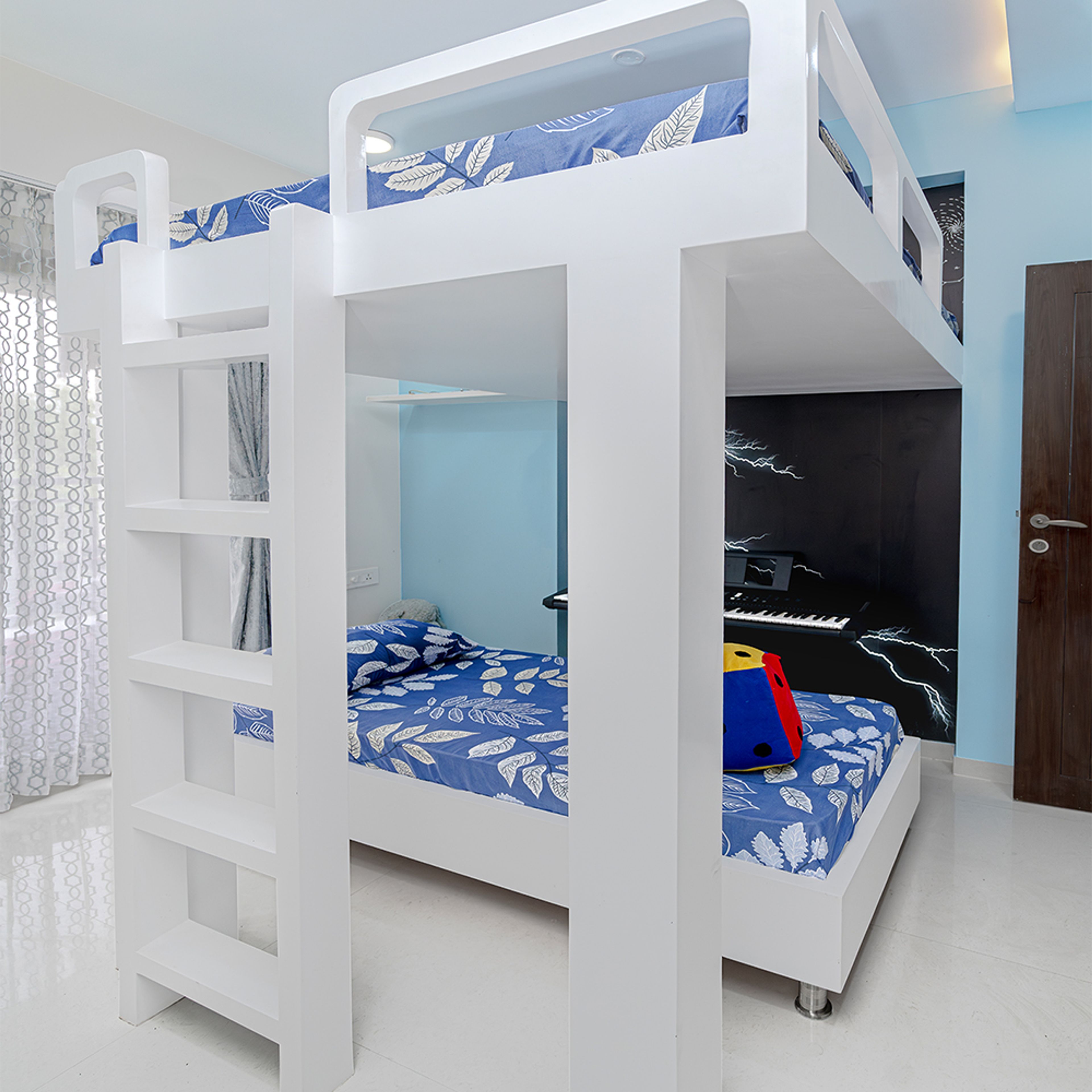 Kids Bedroom Design with White Two Story Bunk Bed with Stairs