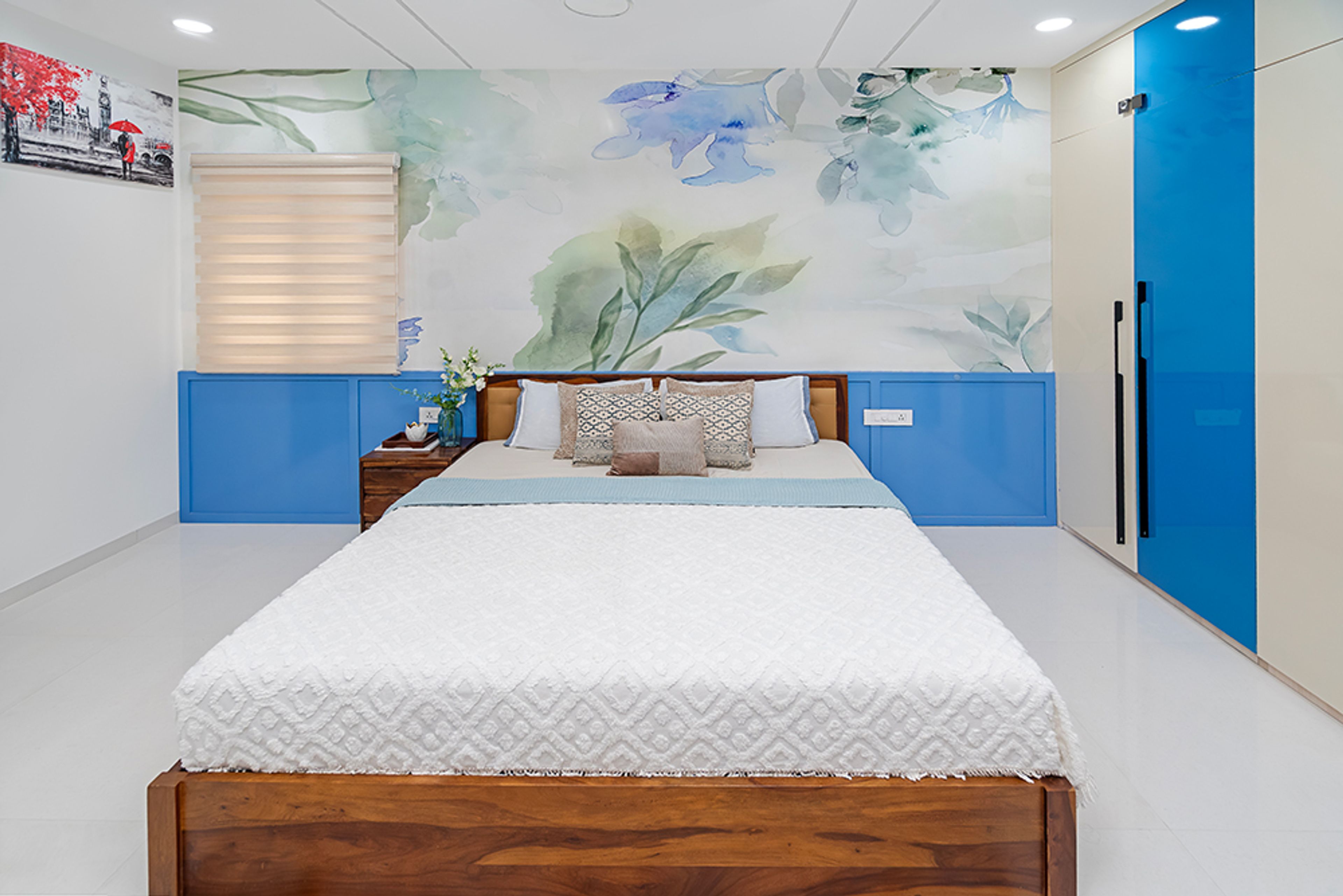 Bedroom Design with Blue Floral Wallpaper and Blue Lower Wall Trims