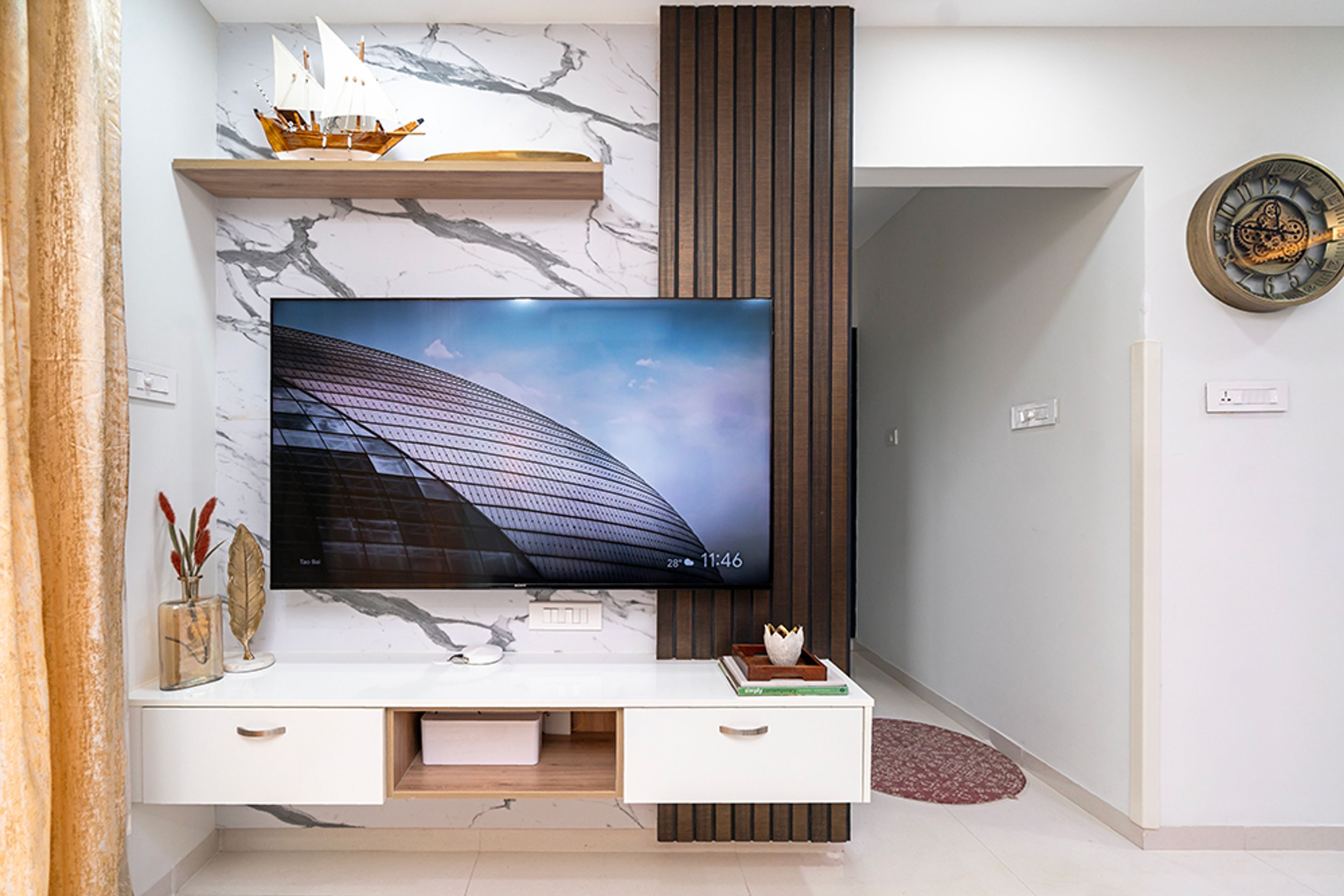 TV Unit Design with Marble Backsplash Wall, Wooden Flted Panels and White Cabinets