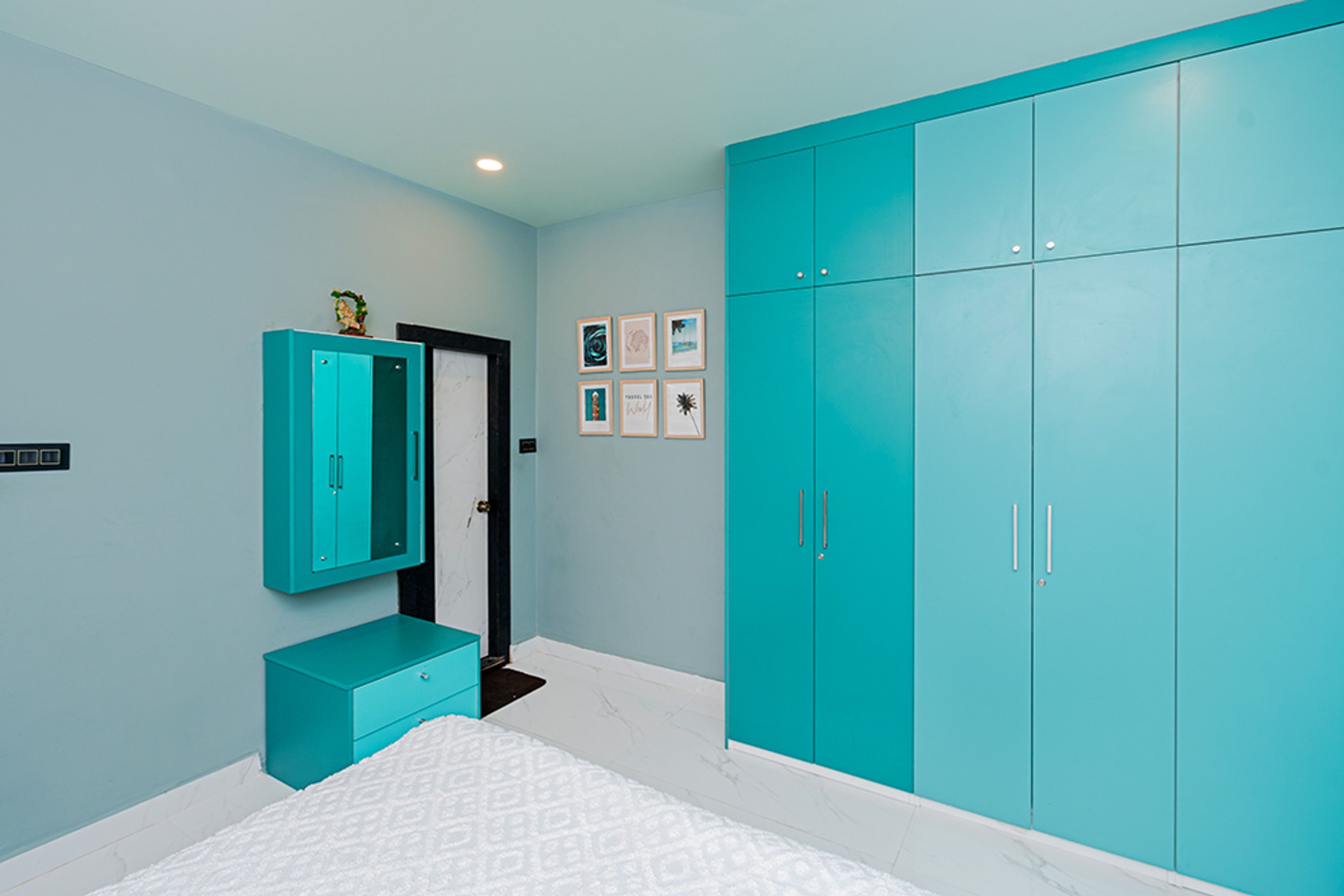 5-Door Blue Swing Wardrobe and Blue Vanity with Storage