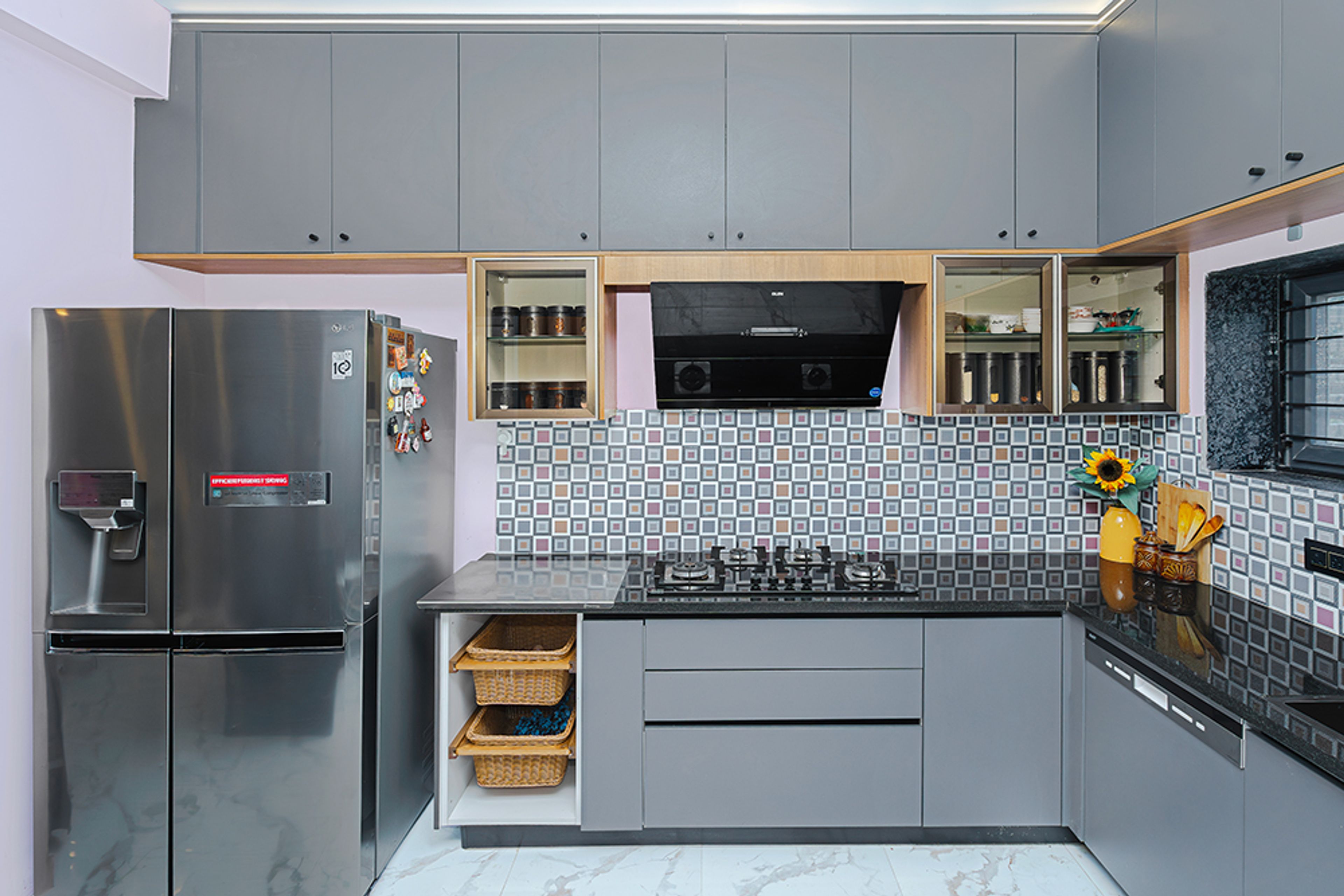 U-Shaped Kitchen Design with Grey and Natural Wood Units and Patterned Backsplash Tiles