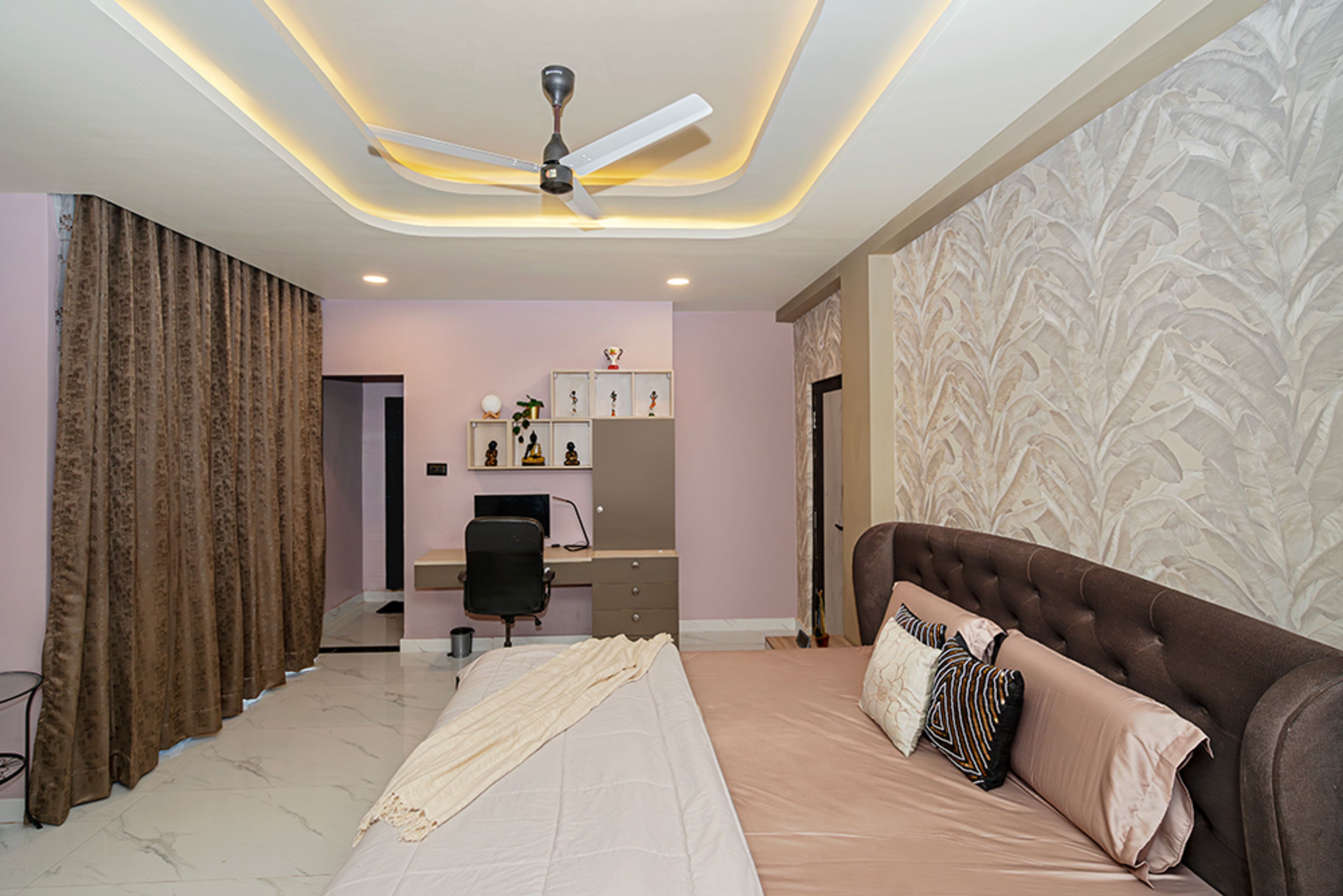 Bedroom Design with Tropical Themed Cream Wall and Brown Study Space